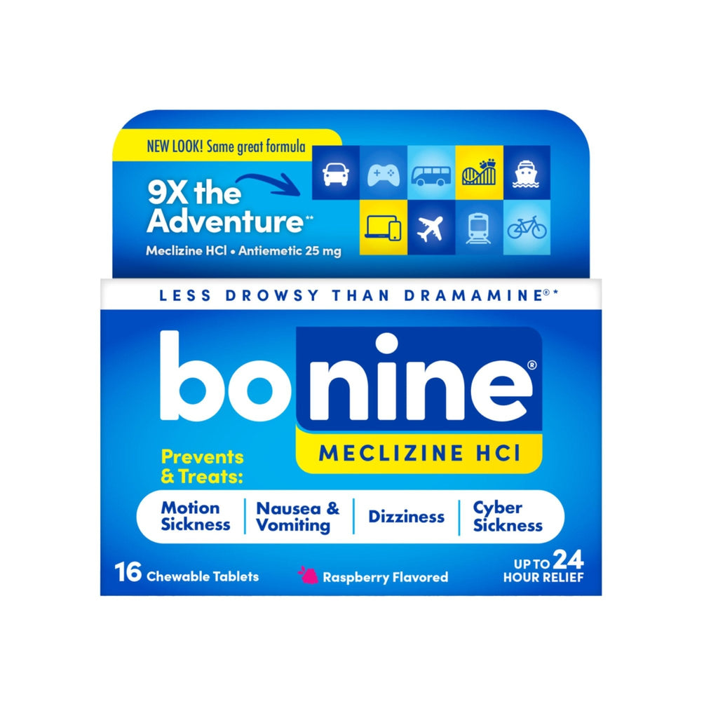 Bonine Non-Drowsy for Motion Sickness Relief, Sea Sickness, Car Sickness, Nausea, & Vomiting - Meclizine HCI 25mg, Travel-Sized - 16ct Raspberry Chewable Tablets (Packaging May Vary) - Maple Wellness Supplements