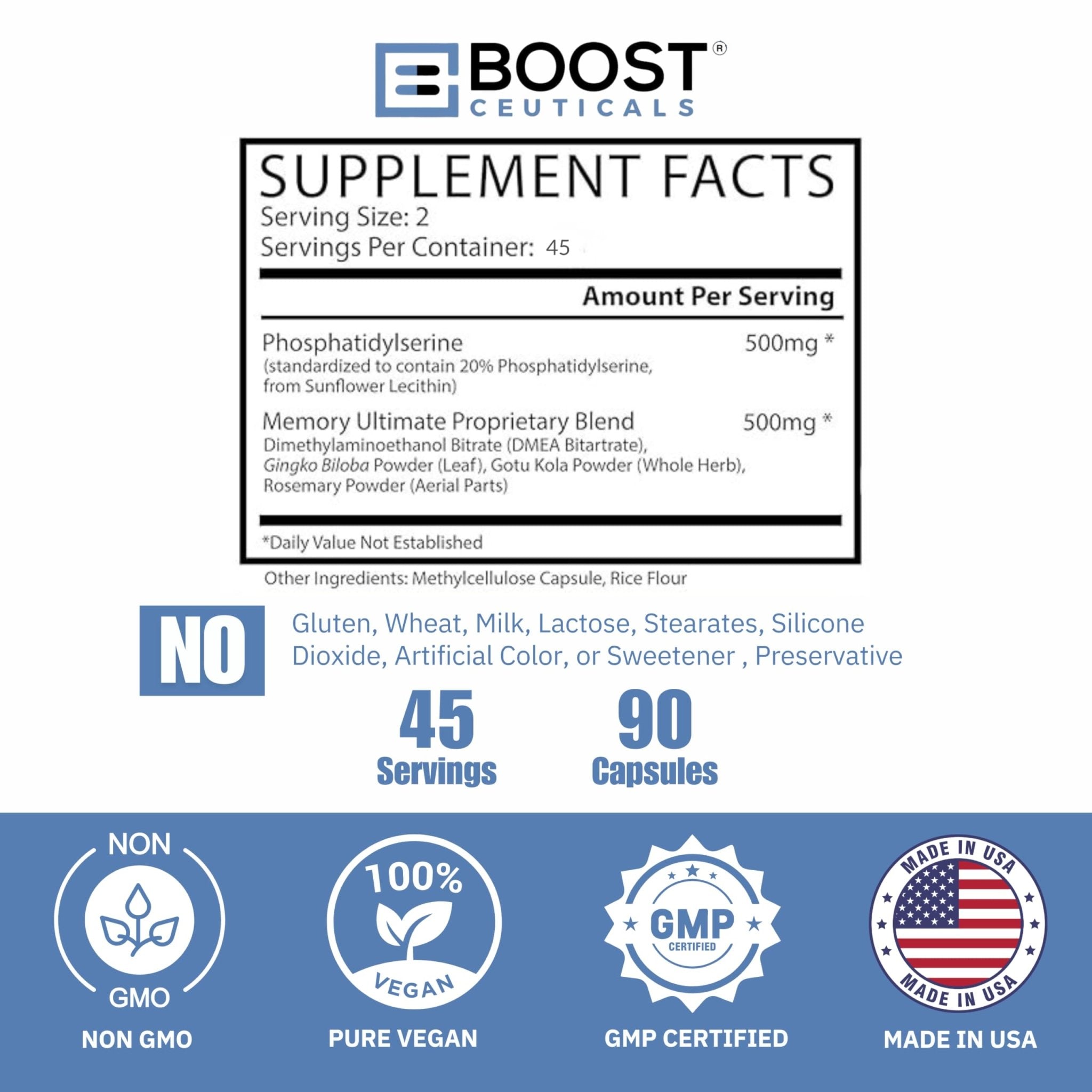 BoostCeuticals Phosphatidylserine 100mg with Ginkgo DMAE Gotu Kola - Memory, Stress & Cortisol Support, Cognitive Focus, Sleep Health, Brain Function Supplement, 90 Capsules - TrustMedUSA