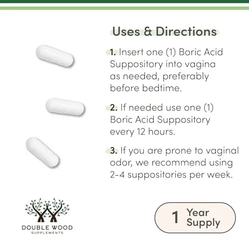 Boric Acid Suppositories 60 Count, Supports Women Health (Easy Dissolve, Third Party Tested) by Double Wood - TrustMedUSA