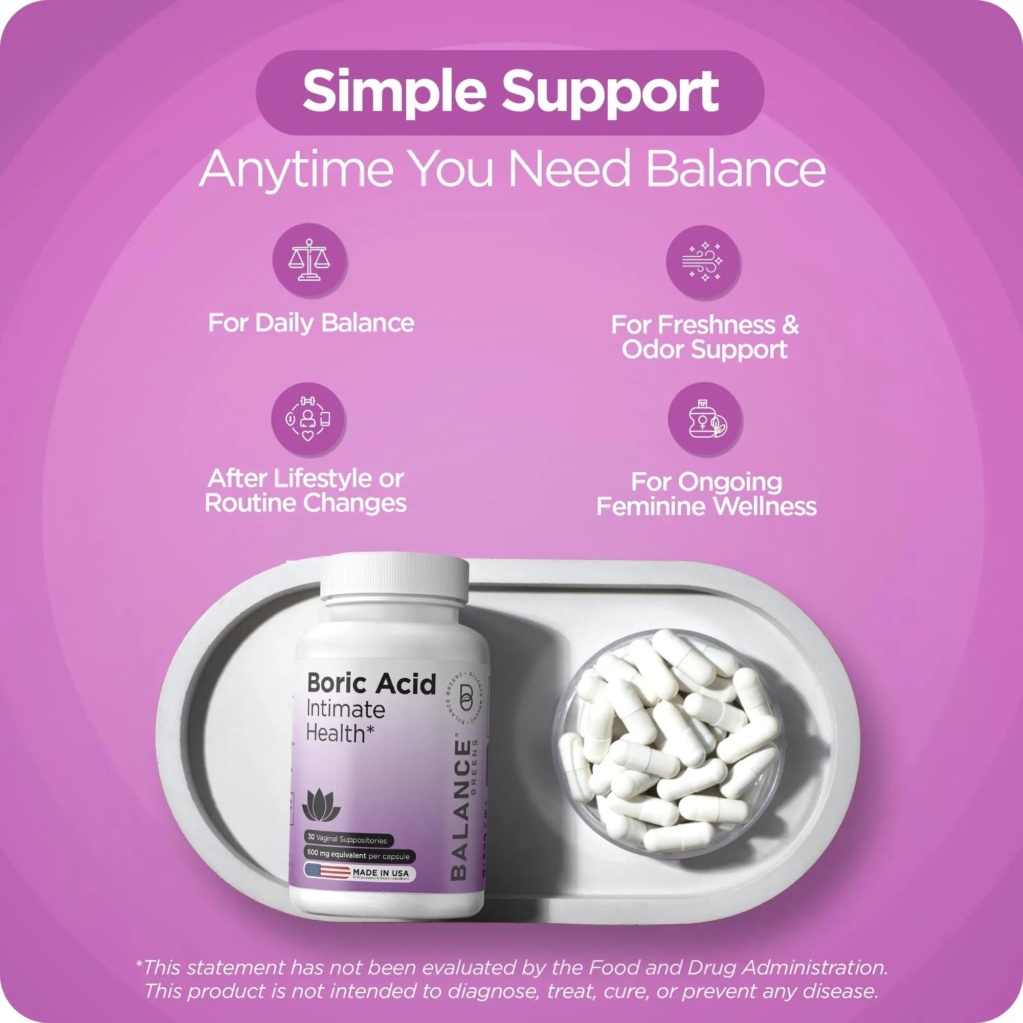 Boric Acid Suppositories for Women, 600 mg, 30 Vaginal Use Capsules - pH Balance Pills, Intimate Health Support, Yeast Infection Treatment, Made in USA (Pack of 1) - TrustMedUSA