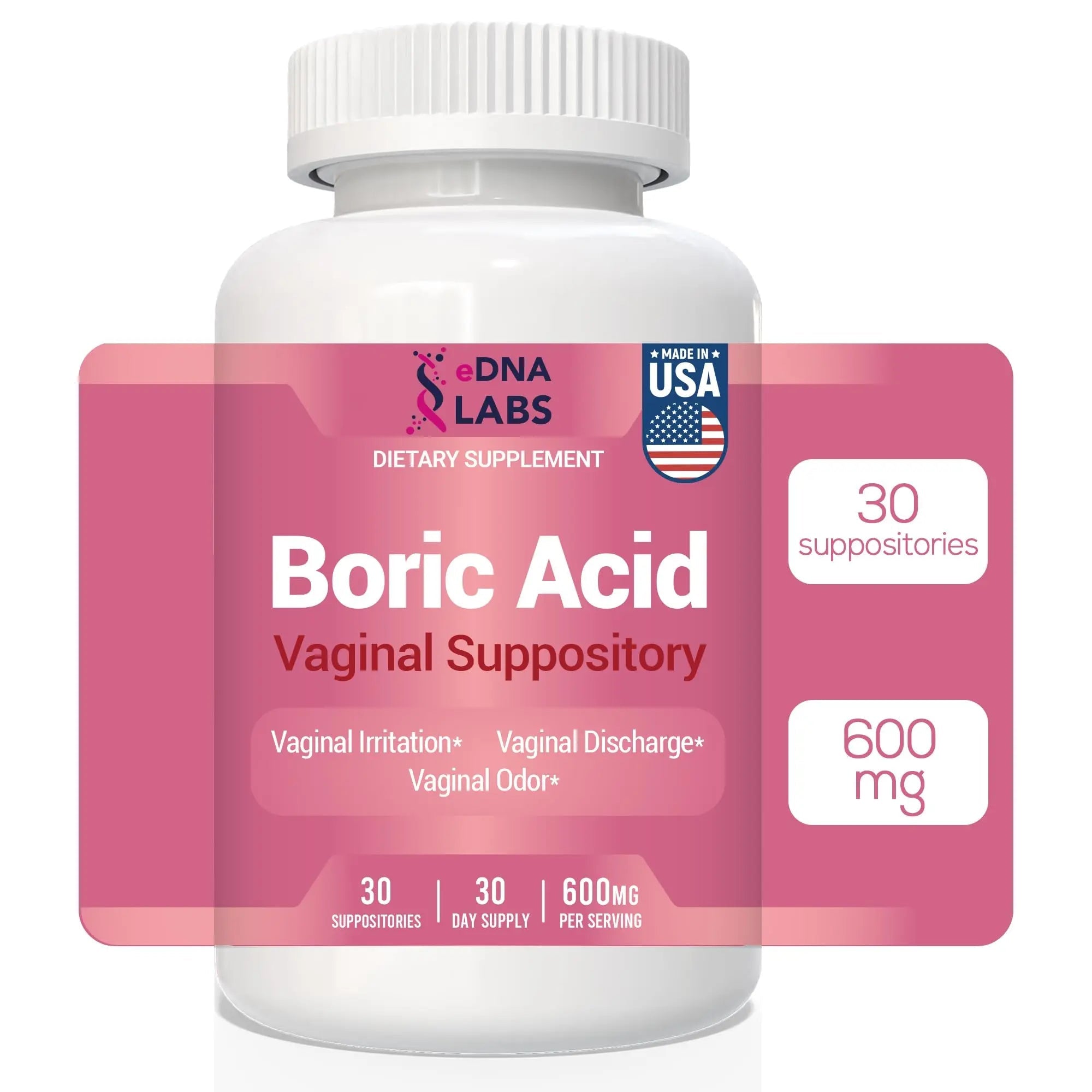 Boric Acid Suppositories for Women 600 mg, Pure Boric Acid pH Balance for Women & Vaginal Odor Control – 30 Suppositories, Made in USA - TrustMedUSA