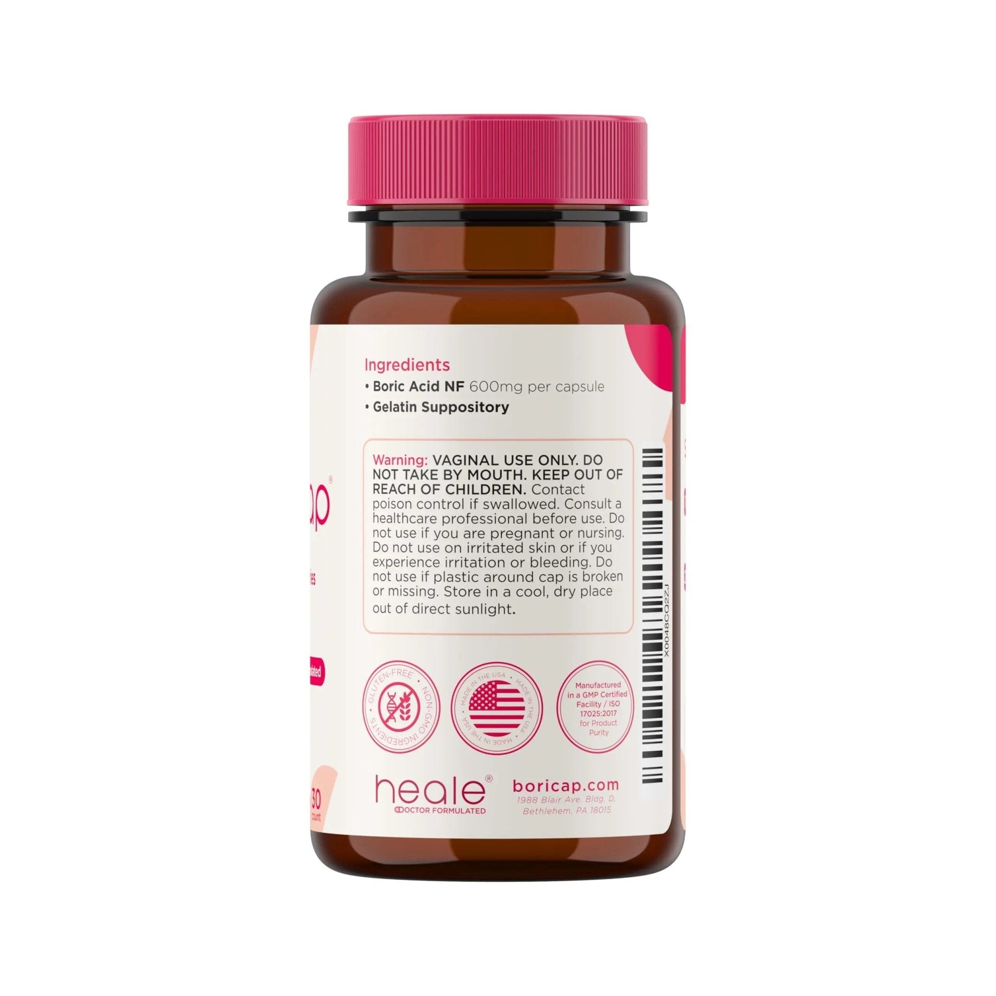 BoriCap - Boric Acid Suppositories for Women - 600 mg - Vaginal Health & Balance, Itch & Odor - Natural Relief - Feminine Care - Feminine Hygiene Products - Made in USA by Heale - 30 Capsules - TrustMedUSA