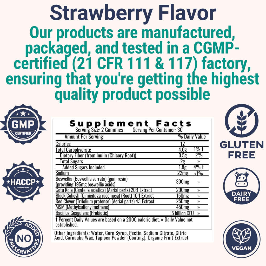 Boswellia Serrata Black Cohosh Gotu Kola Red Clover Extract Complex Gummies w. Probiotic Fiber (Chicory Root Inulin) MSM Methylsulfonylmethane, Supplement Alt for Organic Powder Capsules Tincture - TrustMedUSA