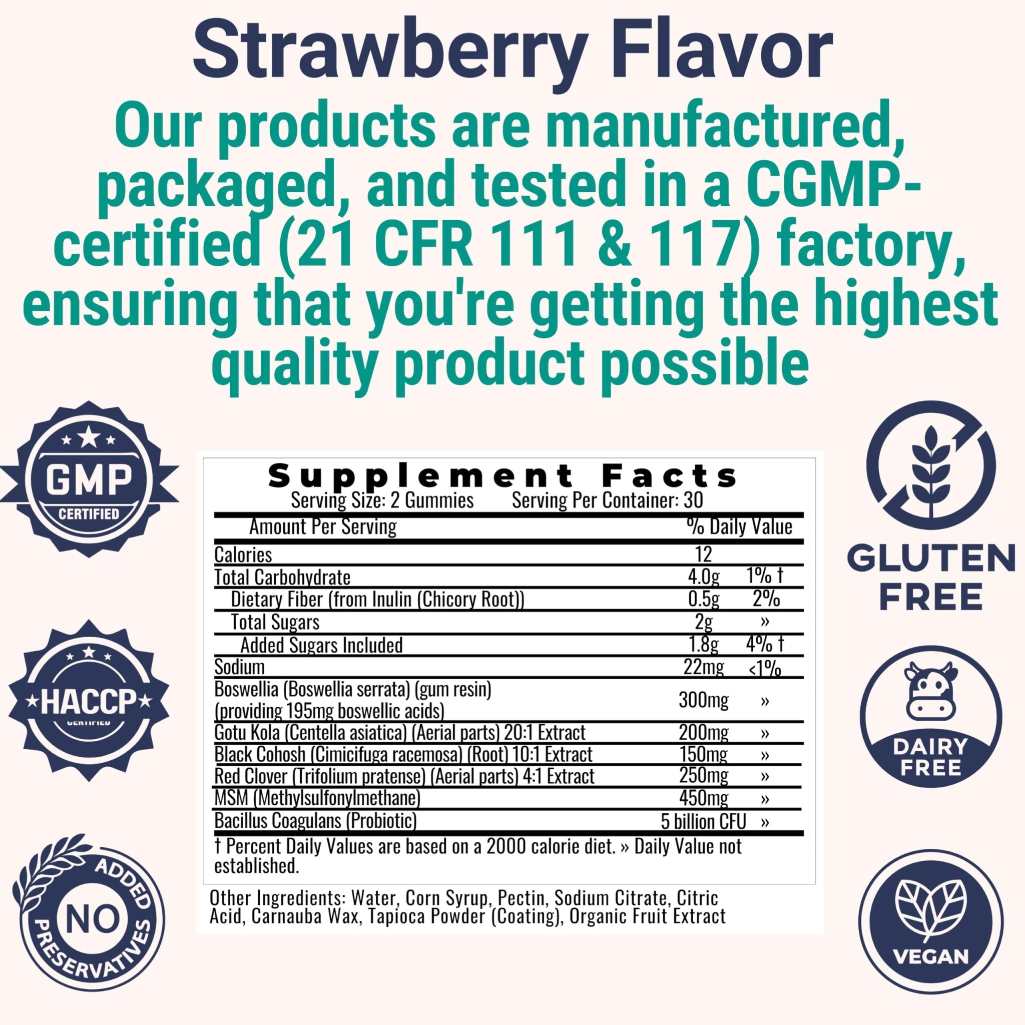 Boswellia Serrata Black Cohosh Gotu Kola Red Clover Extract Complex Gummies w. Probiotic Fiber (Chicory Root Inulin) MSM Methylsulfonylmethane, Supplement Alt for Organic Powder Capsules Tincture - TrustMedUSA