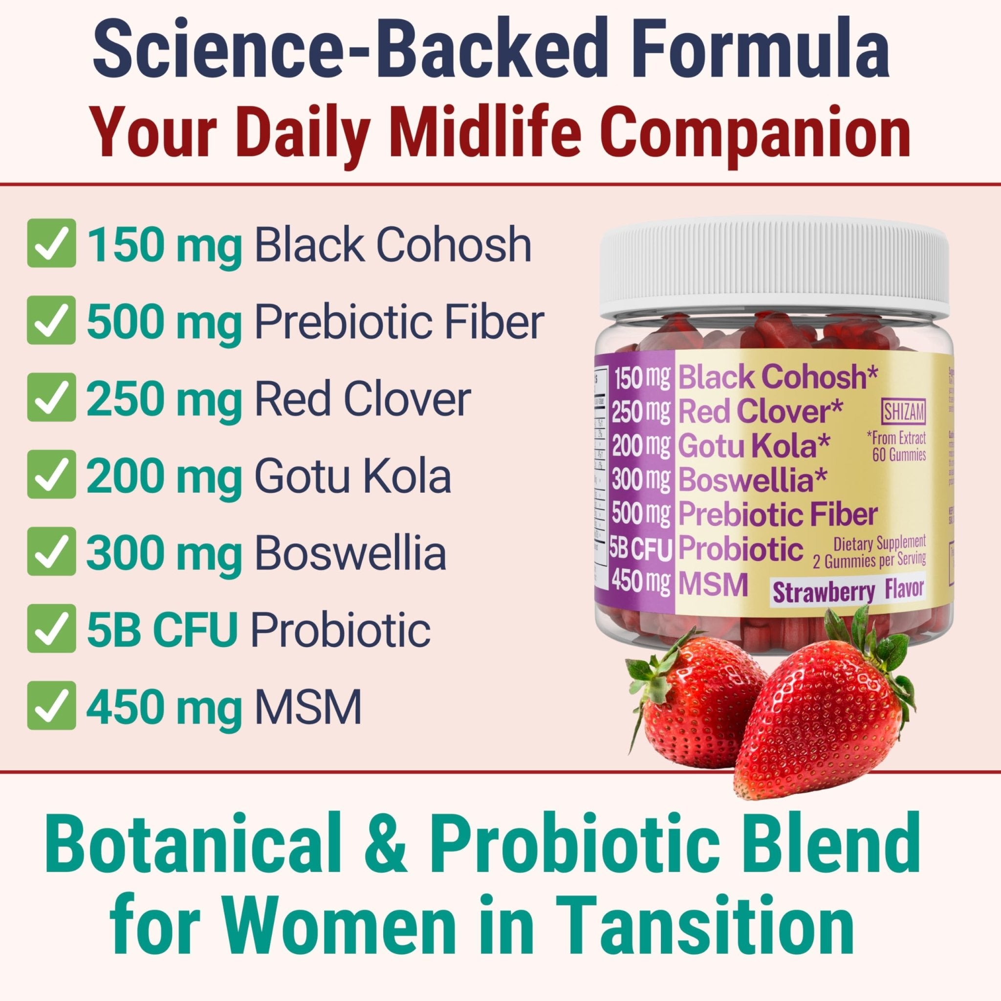 Boswellia Serrata Black Cohosh Gotu Kola Red Clover Extract Complex Gummies w. Probiotic Fiber (Chicory Root Inulin) MSM Methylsulfonylmethane, Supplement Alt for Organic Powder Capsules Tincture - TrustMedUSA