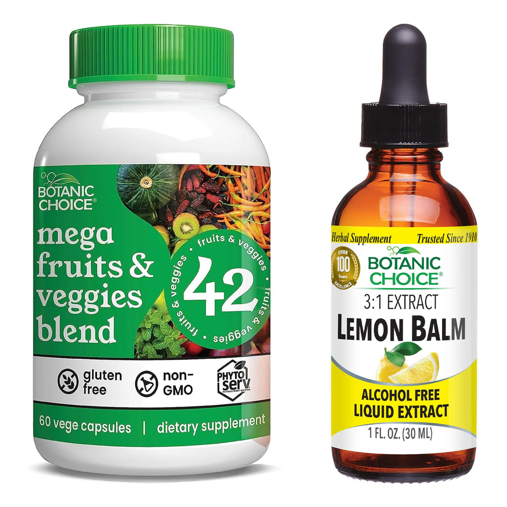 Botanic Choice Mega Fruits and Veggies Blend (60 Capsules) + Lemon Balm Tincture (1 fl oz) Bundle - Energy Balance & Superfood Supplement + Relaxation and Sleep Support - TrustMedUSA