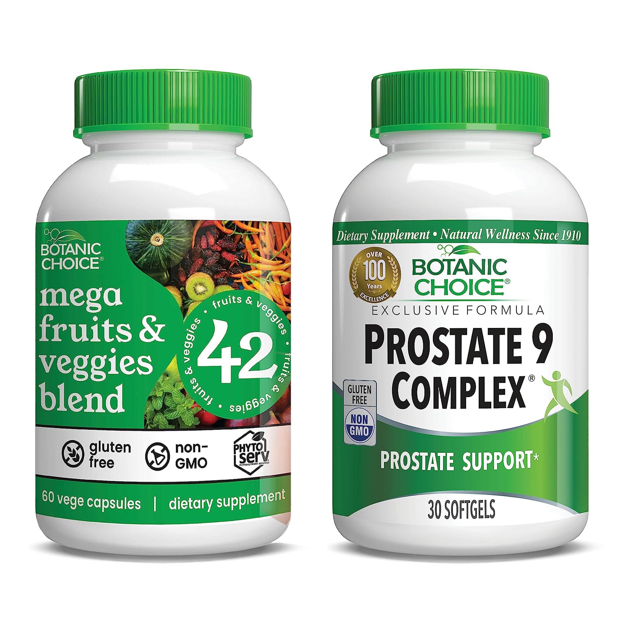Botanic Choice Mega Fruits and Veggies Blend (60 Capsules) + Prostate 9 Complex (30 Softgels) Bundle - Energy Balance & Superfood Supplement + Urinary Flow & Cellular Health - TrustMedUSA