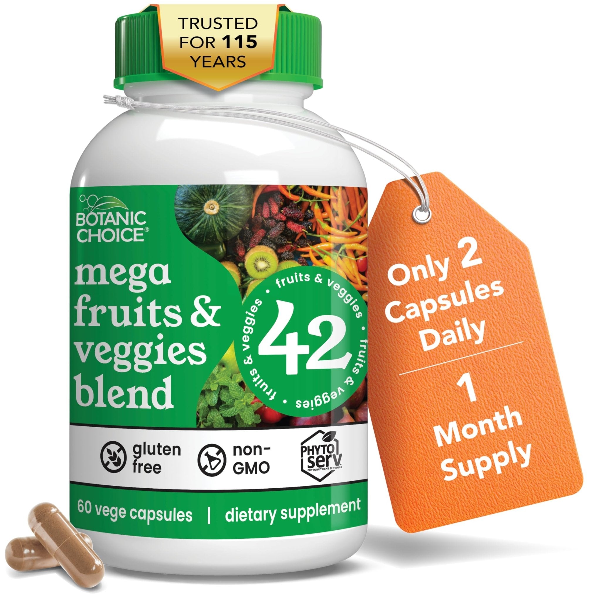 Botanic Choice Since 1910 - Mega Fruits & Veggies Blend - 42 Fruits and Vegetables - 2 Caps Daily - 60 Count Supplement - TrustMedUSA