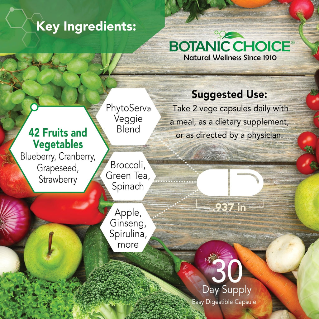Botanic Choice Since 1910 - Mega Fruits & Veggies Blend - 42 Fruits and Vegetables - 2 Caps Daily - 60 Count Supplement - TrustMedUSA