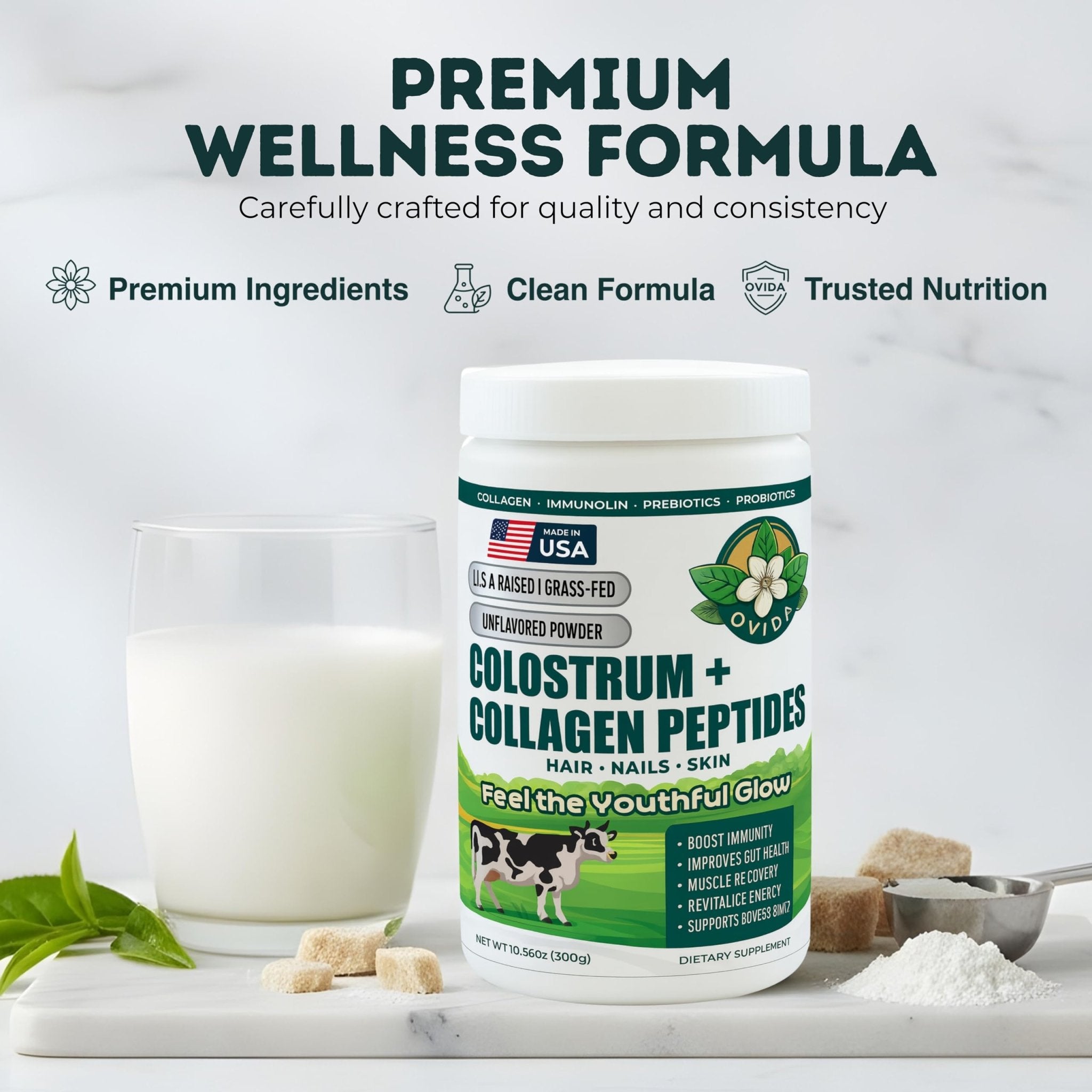 Bovine Colostrum and Hydrolyzed Collagen Peptides Powder Supplement for Women & Men - Supports Gut Health, Joint & Bone Health, Hair Skin Nails - Grass-Fed, Non-GMO, Gluten Free, 300g (30 Servings) - TrustMedUSA
