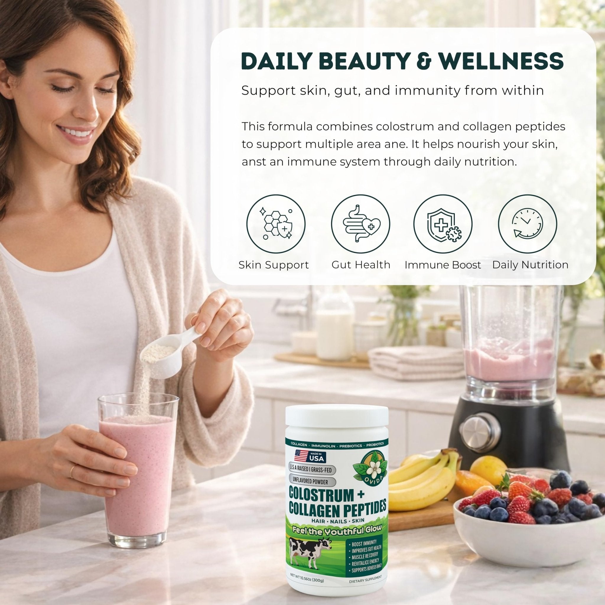Bovine Colostrum and Hydrolyzed Collagen Peptides Powder Supplement for Women & Men - Supports Gut Health, Joint & Bone Health, Hair Skin Nails - Grass-Fed, Non-GMO, Gluten Free, 300g (30 Servings) - TrustMedUSA