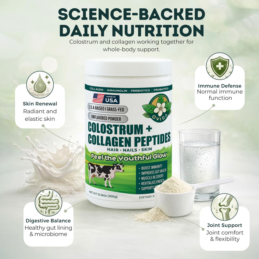 Bovine Colostrum and Hydrolyzed Collagen Peptides Powder Supplement for Women & Men - Supports Gut Health, Joint & Bone Health, Hair Skin Nails - Grass-Fed, Non-GMO, Gluten Free, 300g (30 Servings) - TrustMedUSA