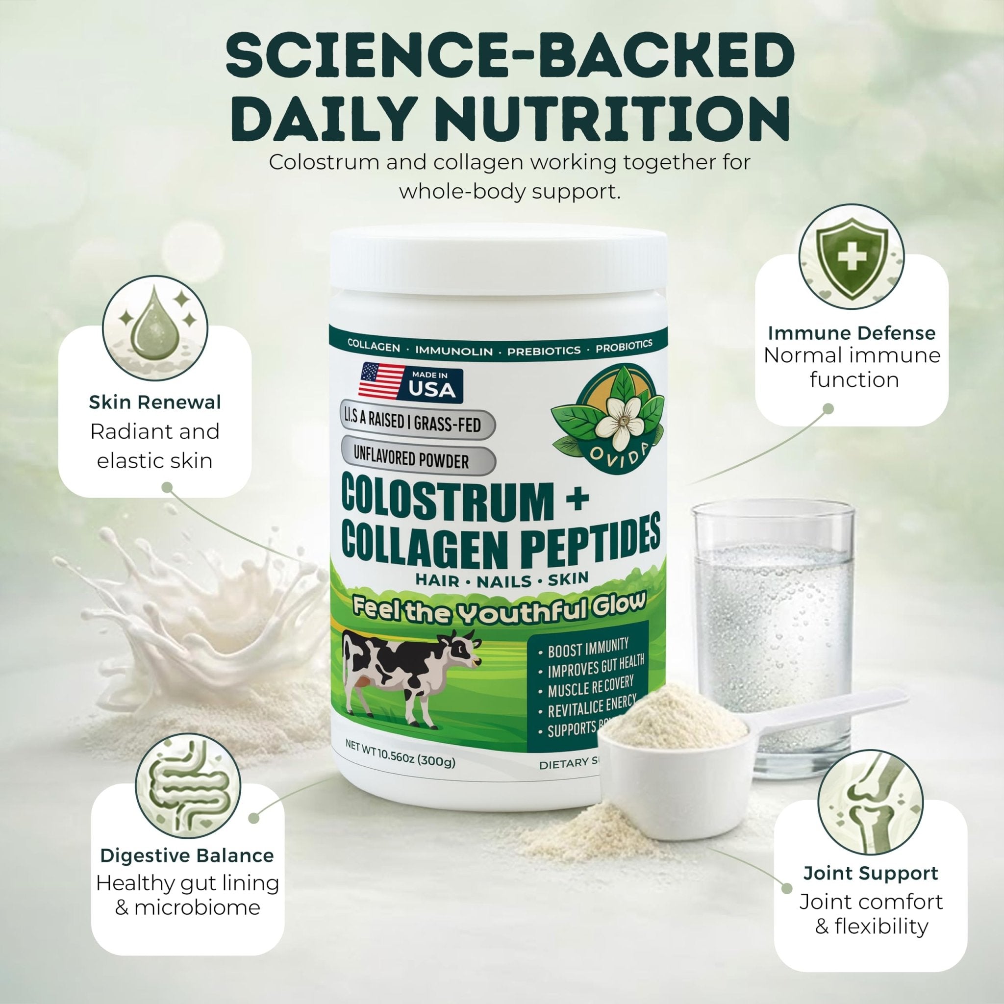 Bovine Colostrum and Hydrolyzed Collagen Peptides Powder Supplement for Women & Men - Supports Gut Health, Joint & Bone Health, Hair Skin Nails - Grass-Fed, Non-GMO, Gluten Free, 300g (30 Servings) - TrustMedUSA