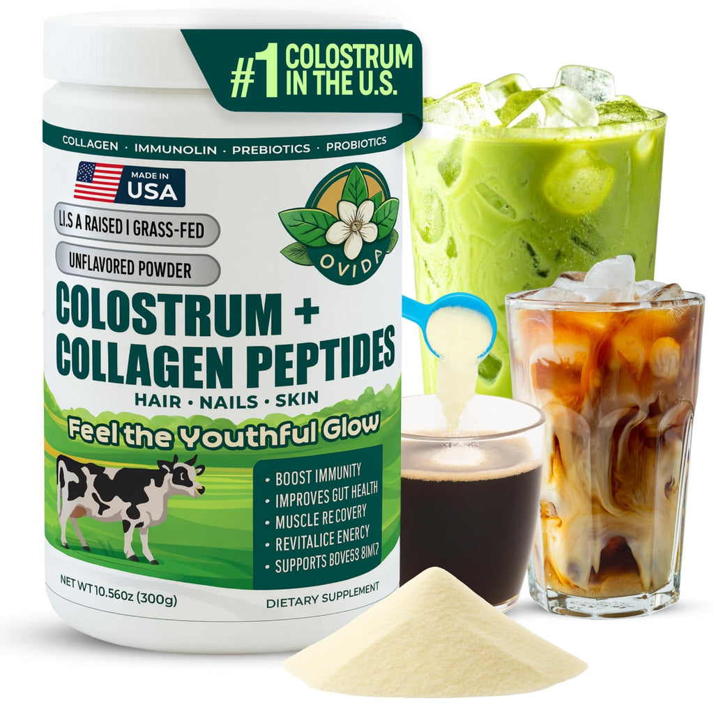 Bovine Colostrum and Hydrolyzed Collagen Peptides Powder Supplement for Women & Men - Supports Gut Health, Joint & Bone Health, Hair Skin Nails - Grass-Fed, Non-GMO, Gluten Free, 300g (30 Servings) - TrustMedUSA