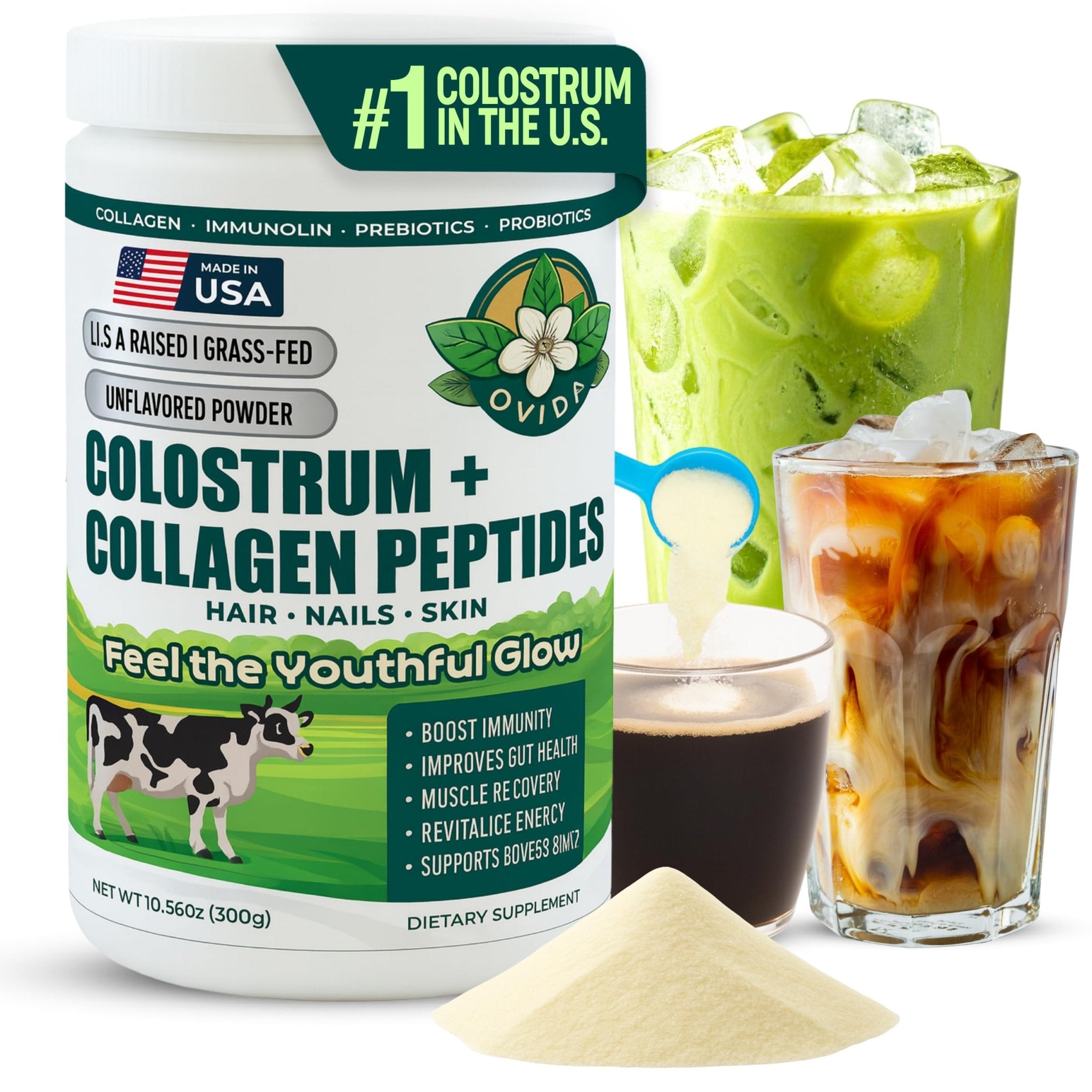 Bovine Colostrum and Hydrolyzed Collagen Peptides Powder Supplement for Women & Men - Supports Gut Health, Joint & Bone Health, Hair Skin Nails - Grass-Fed, Non-GMO, Gluten Free, 300g (30 Servings) - TrustMedUSA