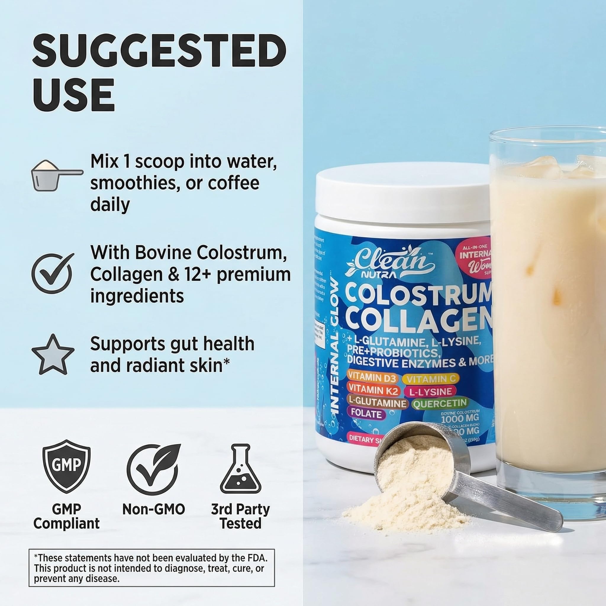 Bovine Colostrum Powder + Collagen Peptides with L-Glutamine L-Lysine Prebiotics Probiotics Digestive Enzymes Vitamin D K2 C Quercetin & Folate | Gut Health Supplement Internal Glow By Clean Nutra - TrustMedUSA