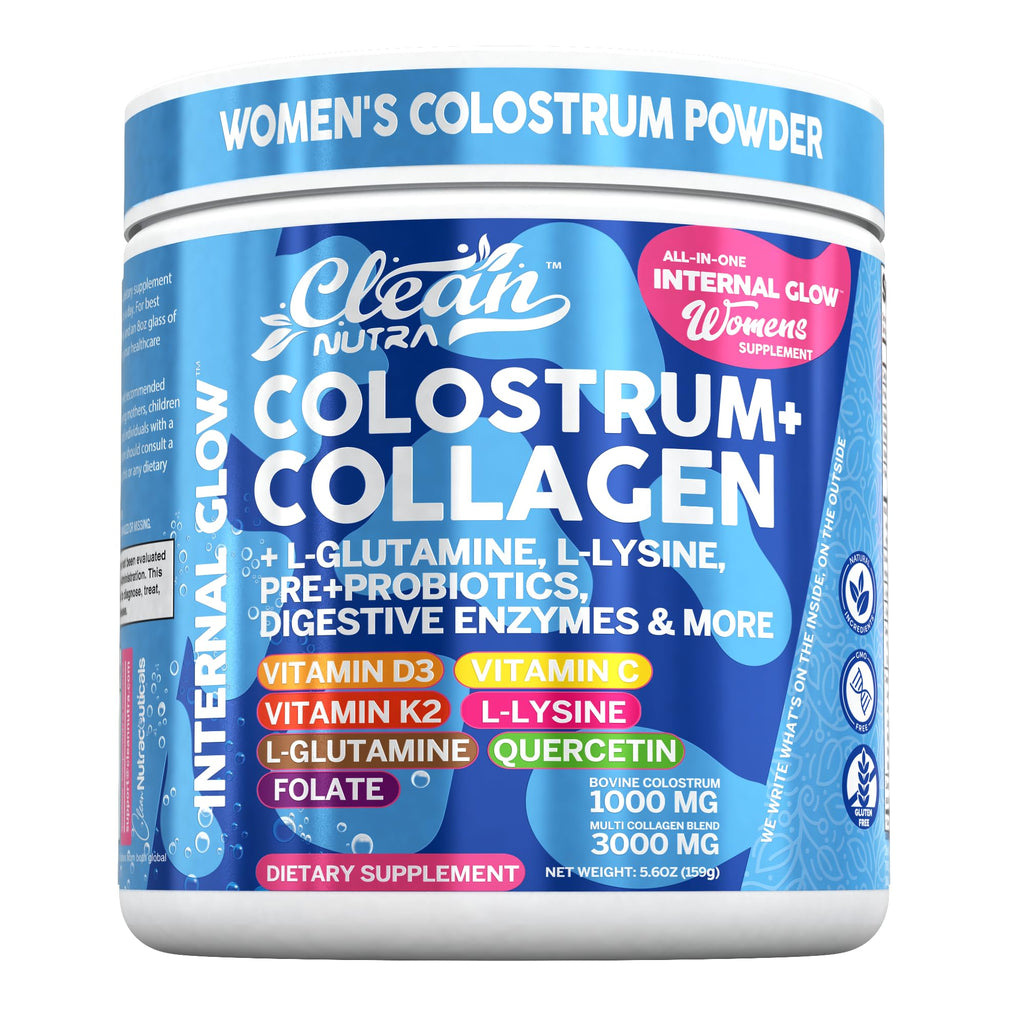 Bovine Colostrum Powder + Collagen Peptides with L-Glutamine L-Lysine Prebiotics Probiotics Digestive Enzymes Vitamin D K2 C Quercetin & Folate | Gut Health Supplement Internal Glow By Clean Nutra - TrustMedUSA