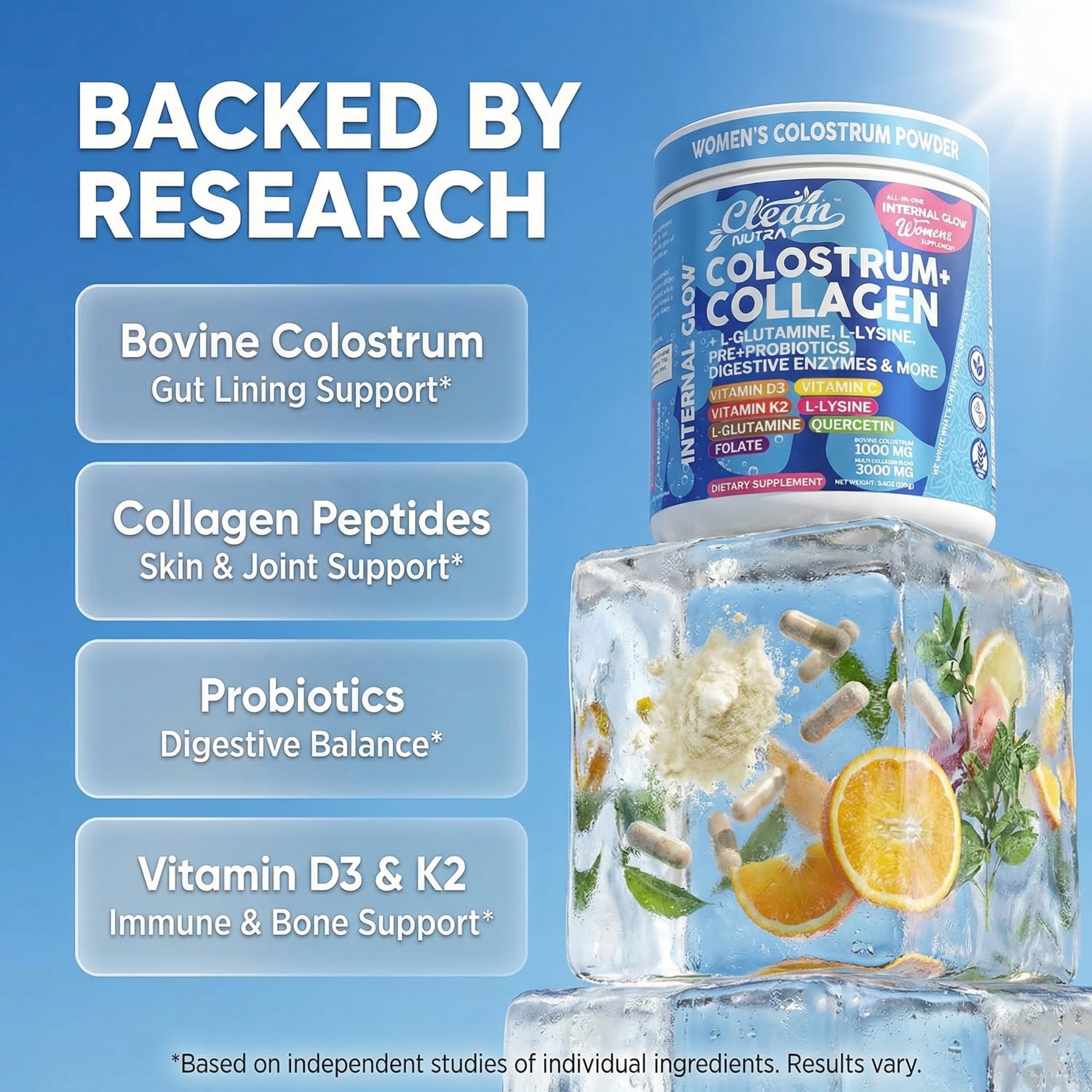 Bovine Colostrum Powder + Collagen Peptides with L-Glutamine L-Lysine Prebiotics Probiotics Digestive Enzymes Vitamin D K2 C Quercetin & Folate | Gut Health Supplement Internal Glow By Clean Nutra - TrustMedUSA