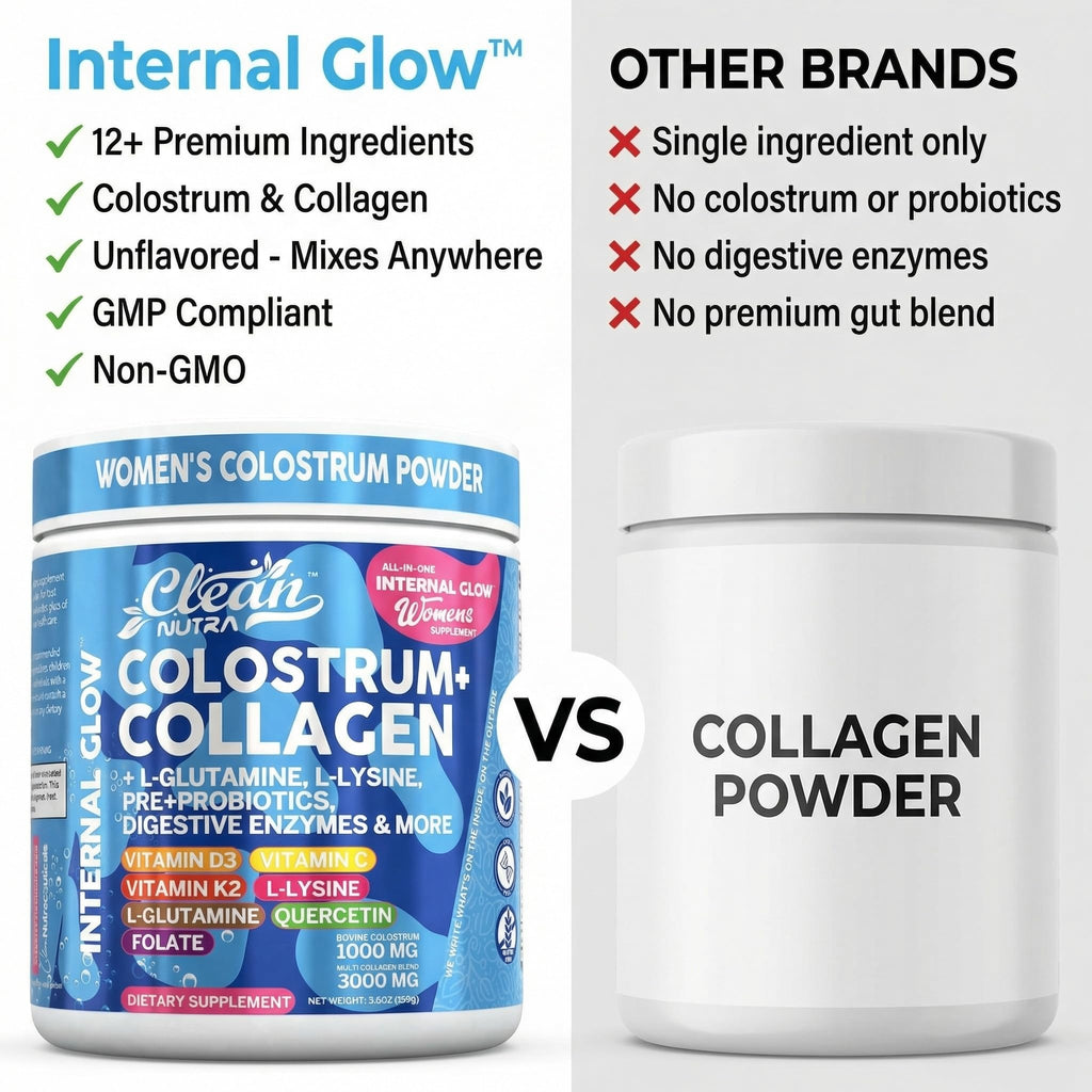 Bovine Colostrum Powder + Collagen Peptides with L-Glutamine L-Lysine Prebiotics Probiotics Digestive Enzymes Vitamin D K2 C Quercetin & Folate | Gut Health Supplement Internal Glow By Clean Nutra - TrustMedUSA