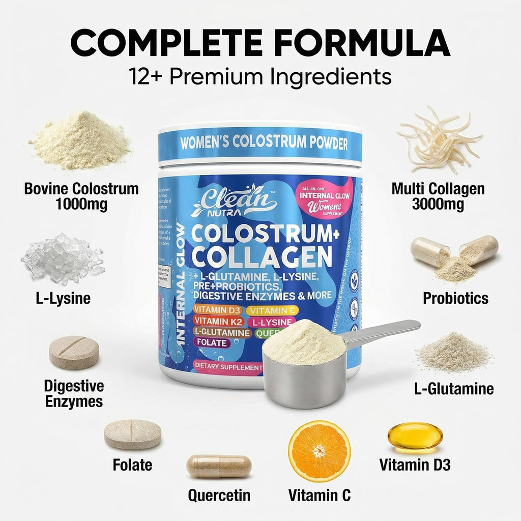 Bovine Colostrum Powder + Collagen Peptides with L-Glutamine L-Lysine Prebiotics Probiotics Digestive Enzymes Vitamin D K2 C Quercetin & Folate | Gut Health Supplement Internal Glow By Clean Nutra - TrustMedUSA
