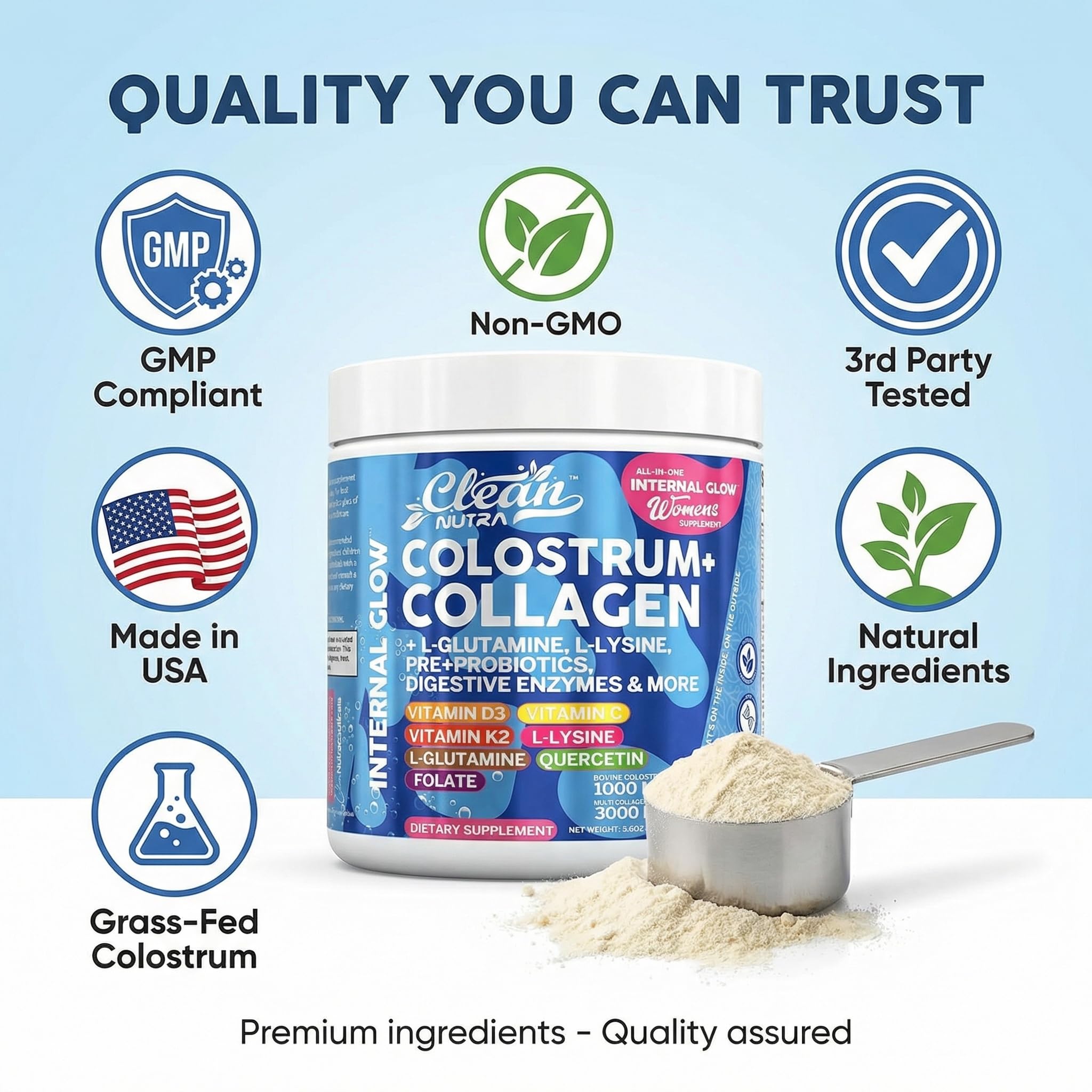 Bovine Colostrum Powder + Collagen Peptides with L-Glutamine L-Lysine Prebiotics Probiotics Digestive Enzymes Vitamin D K2 C Quercetin & Folate | Gut Health Supplement Internal Glow By Clean Nutra - TrustMedUSA