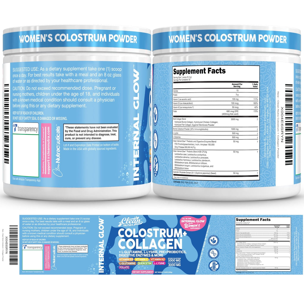 Bovine Colostrum Powder + Collagen Peptides with L-Glutamine L-Lysine Prebiotics Probiotics Digestive Enzymes Vitamin D K2 C Quercetin & Folate | Gut Health Supplement Internal Glow By Clean Nutra - TrustMedUSA