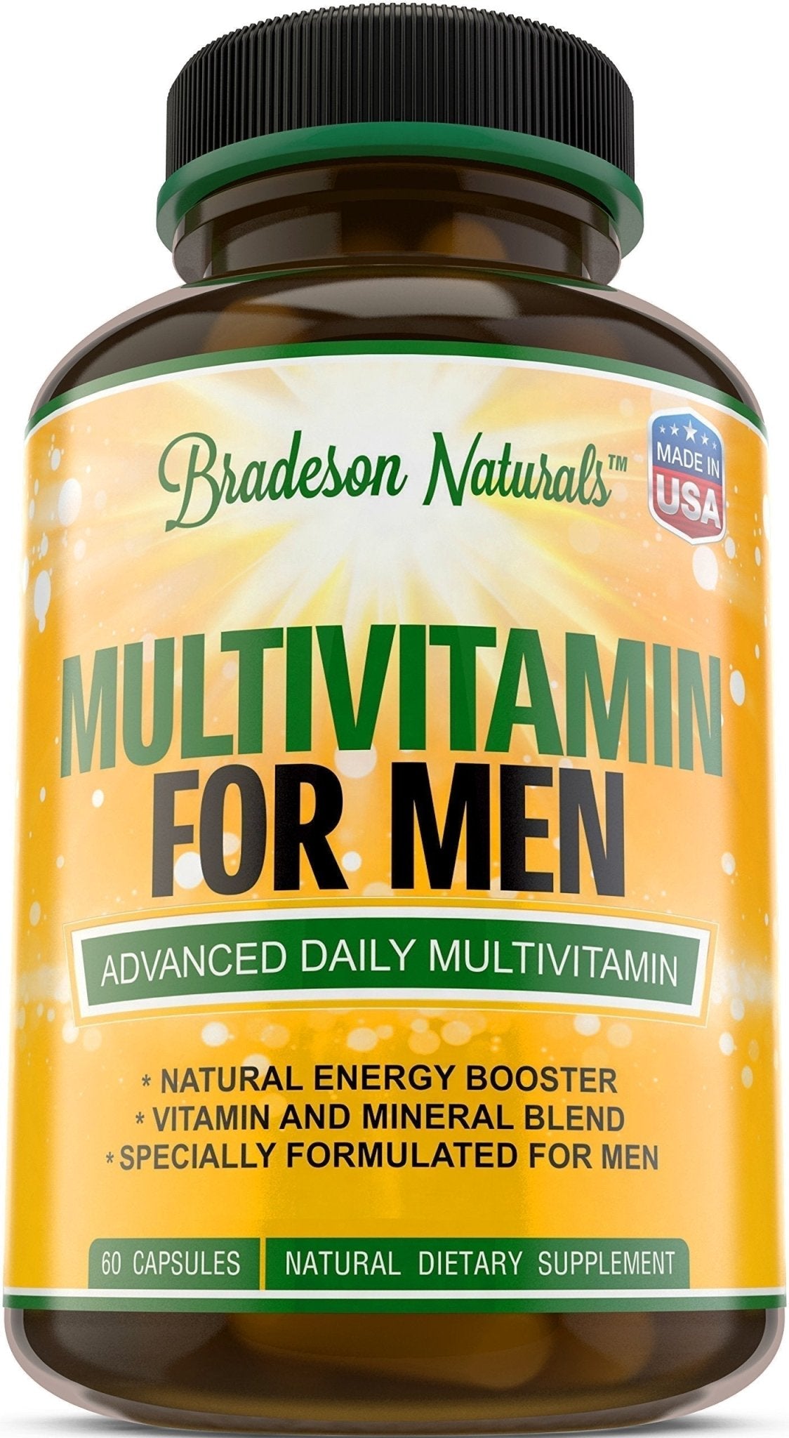 Bradeson Naturals Men's Multivitamin Supplement for Energy, Focus and Performance. Mens Vitamins A, C, D, E & B12, Zinc, Calcium, Magnesium & More. Multi Vitamin 60 Capsules Made in The USA - TrustMedUSA