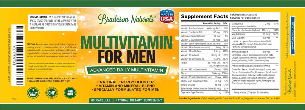 Bradeson Naturals Men's Multivitamin Supplement for Energy, Focus and Performance. Mens Vitamins A, C, D, E & B12, Zinc, Calcium, Magnesium & More. Multi Vitamin 60 Capsules Made in The USA - TrustMedUSA