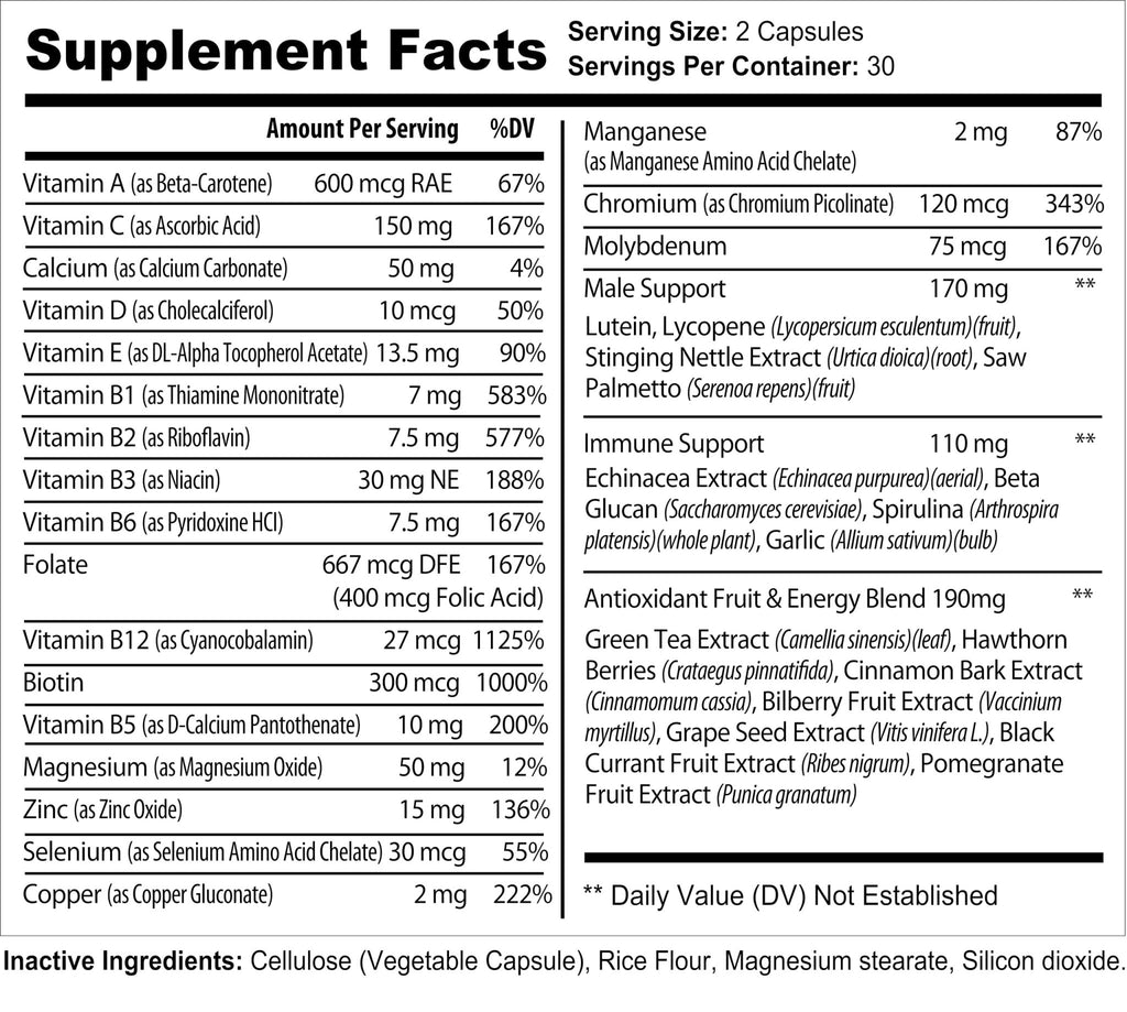 Bradeson Naturals Men's Multivitamin Supplement for Energy, Focus and Performance. Mens Vitamins A, C, D, E & B12, Zinc, Calcium, Magnesium & More. Multi Vitamin 60 Capsules Made in The USA - TrustMedUSA