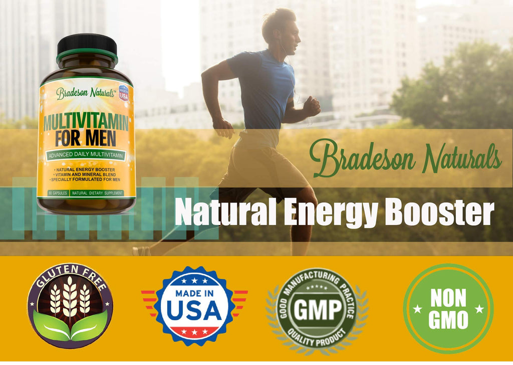 Bradeson Naturals Men's Multivitamin Supplement for Energy, Focus and Performance. Mens Vitamins A, C, D, E & B12, Zinc, Calcium, Magnesium & More. Multi Vitamin 60 Capsules Made in The USA - TrustMedUSA