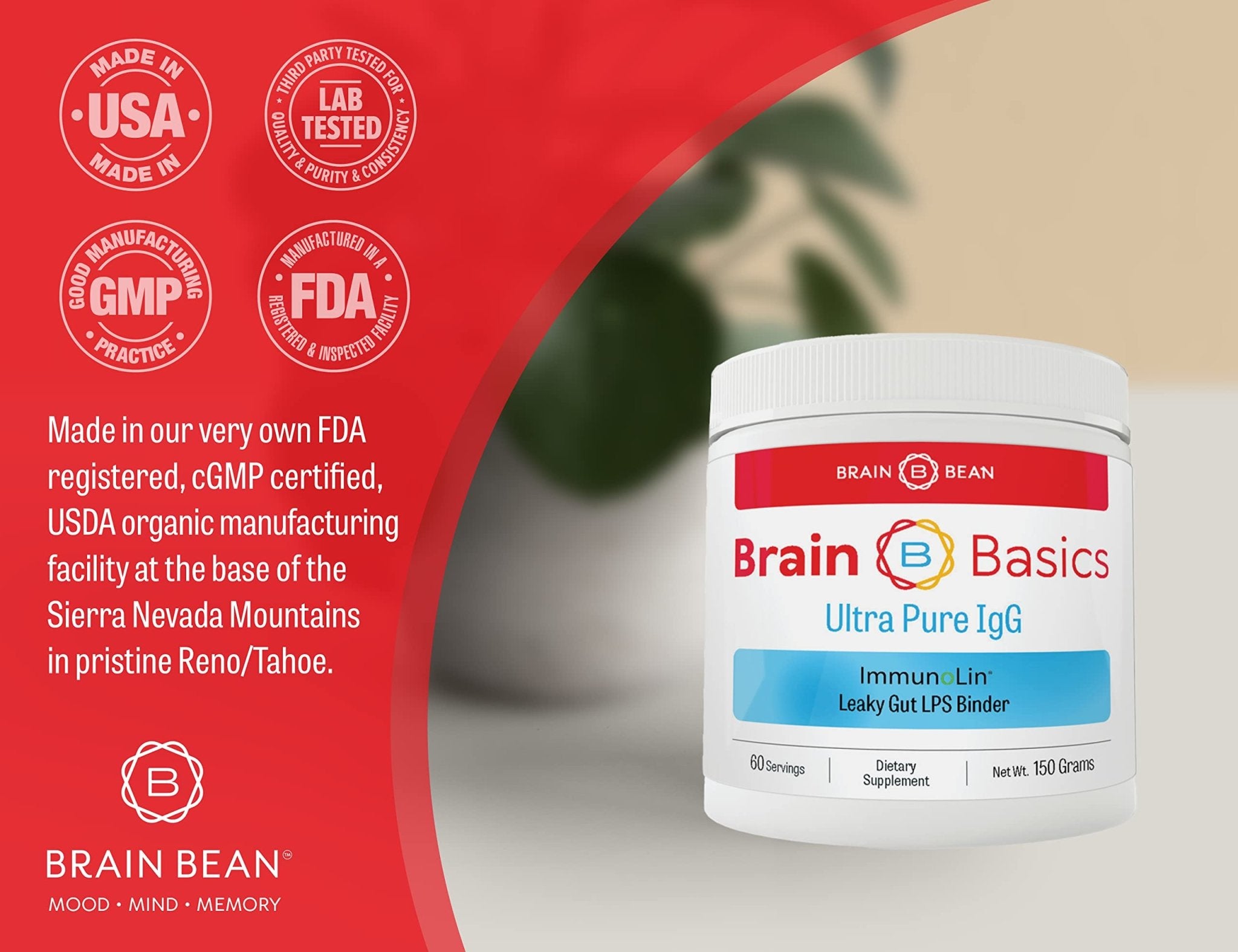 Brain Basics Ultra Pure IgG Supplement - Dairy-Free Supplement IgG-Immunolin Powder, Blended Vitamin & Mineral Supplements, 150g, 60 Servings - TrustMedUSA