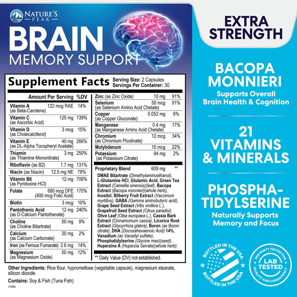 Brain Memory Supplement - 3X Strength Nootropics for Concentration, Clarity & Focus Support - Brain Health Cognitive Vitamins with Bacopa, Phosphatidylserine & DMAE, Brain Booster Pills, 60 Capsules - TrustMedUSA