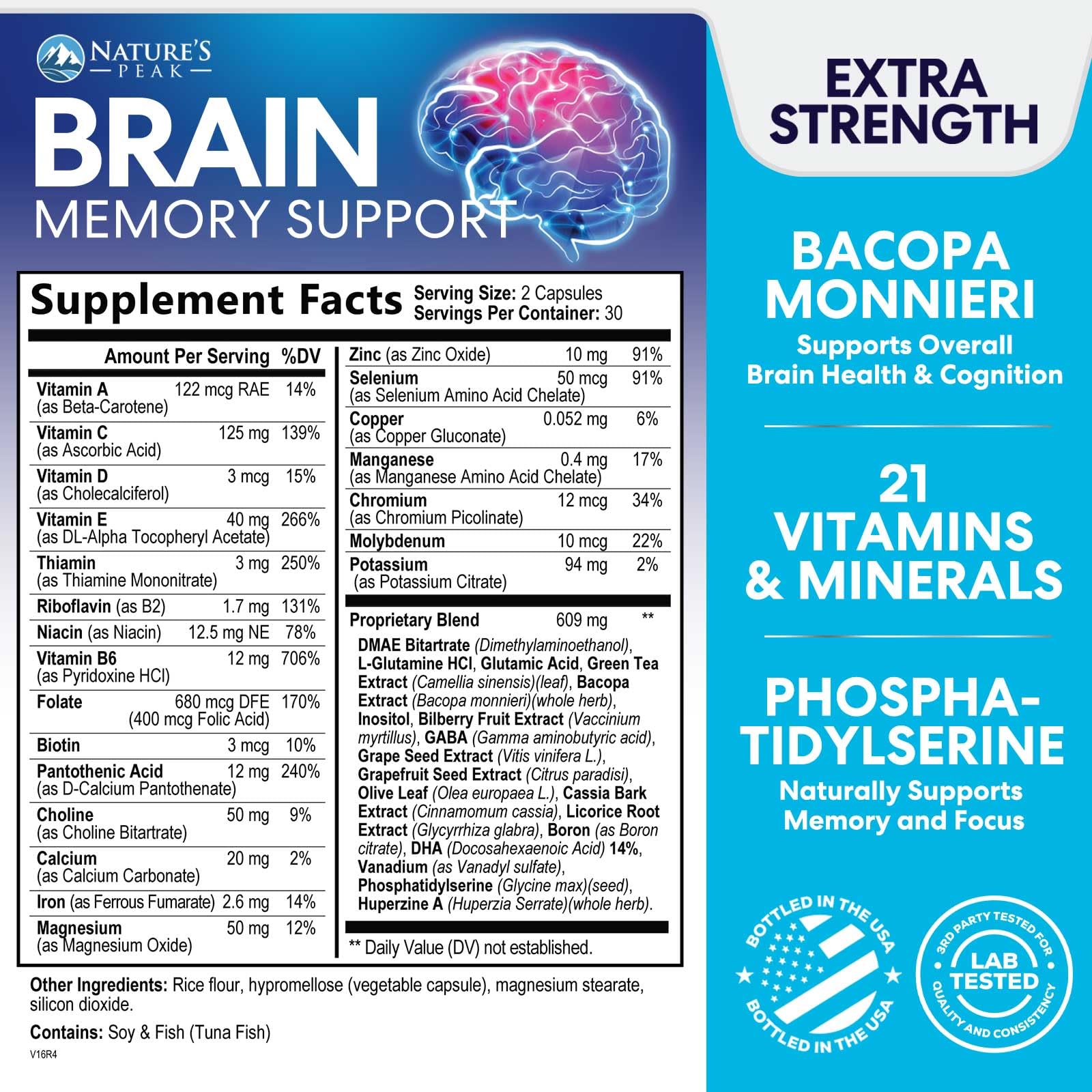 Brain Memory Supplement - 3X Strength Nootropics for Concentration, Clarity & Focus Support - Brain Health Cognitive Vitamins with Bacopa, Phosphatidylserine & DMAE, Brain Booster Pills, 60 Capsules - TrustMedUSA
