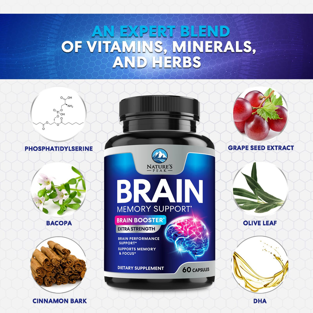 Brain Memory Supplement - 3X Strength Nootropics for Concentration, Clarity & Focus Support - Brain Health Cognitive Vitamins with Bacopa, Phosphatidylserine & DMAE, Brain Booster Pills, 60 Capsules - TrustMedUSA