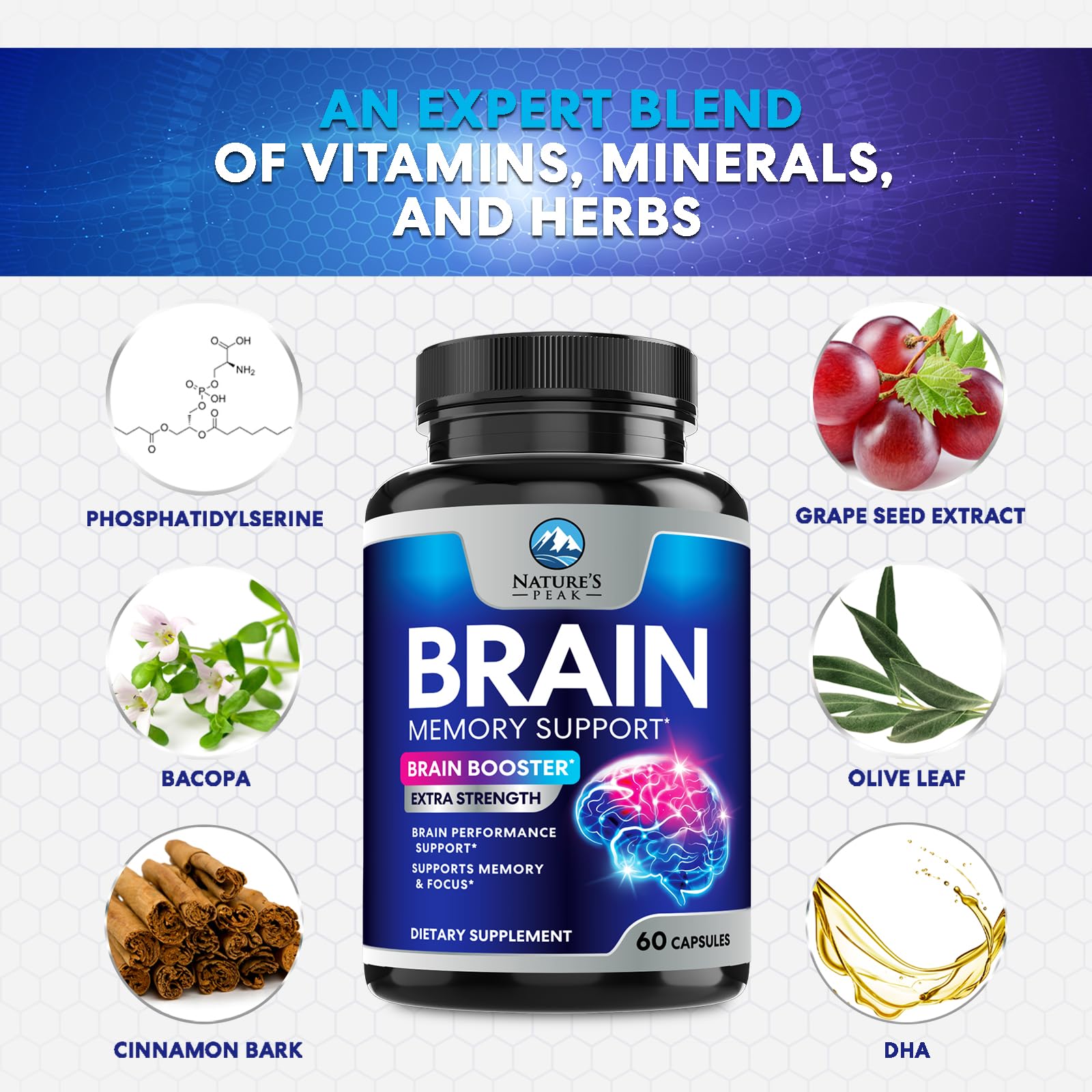 Brain Memory Supplement - 3X Strength Nootropics for Concentration, Clarity & Focus Support - Brain Health Cognitive Vitamins with Bacopa, Phosphatidylserine & DMAE, Brain Booster Pills, 60 Capsules - TrustMedUSA