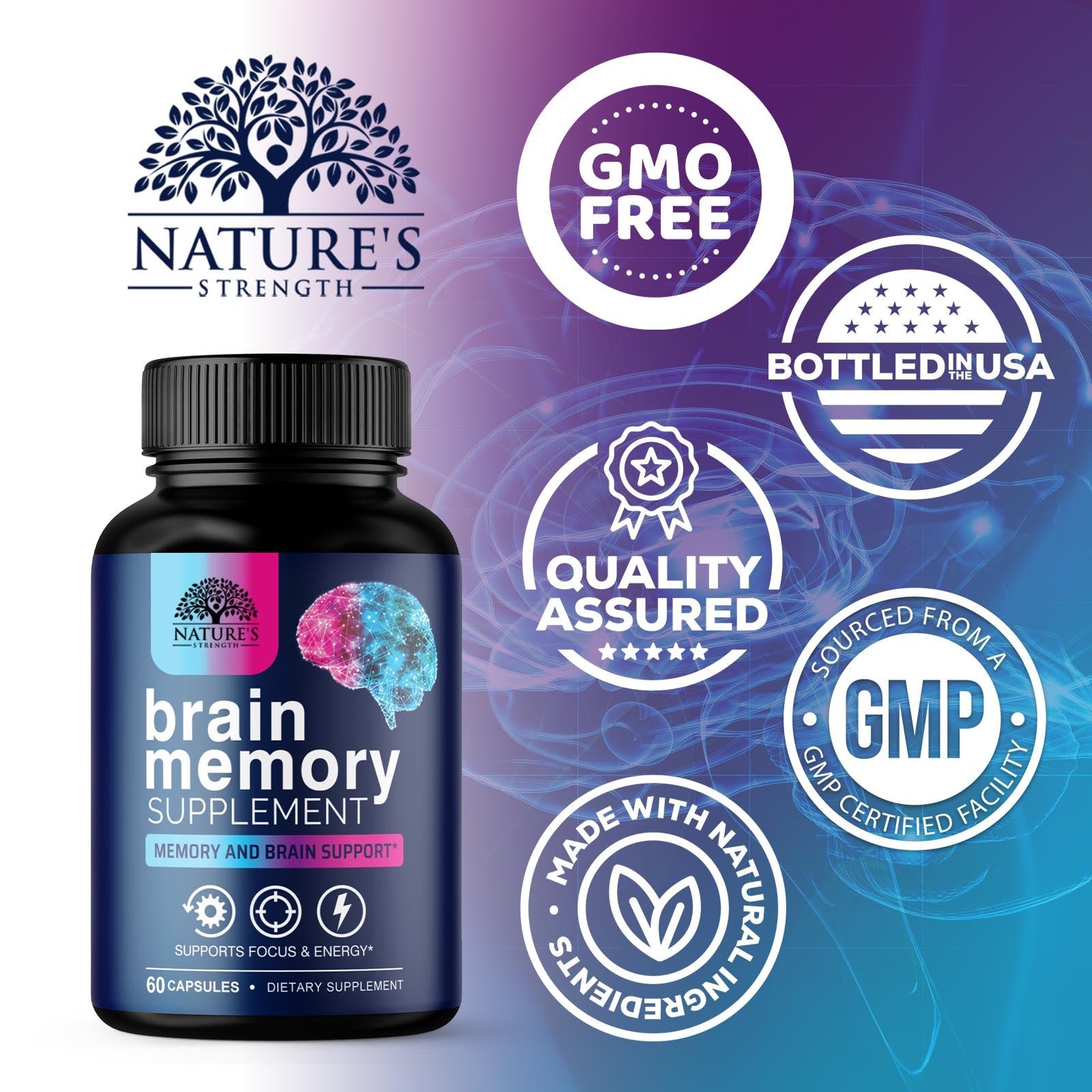 Brain Memory Supplement Pills - 3X Strength Nootropics for Concentration, Clarity & Focus Support - Brain Health Cognitive Vitamins with Bacopa, Phosphatidylserine & DMAE, Brain Booster - 60 Capsules - TrustMedUSA