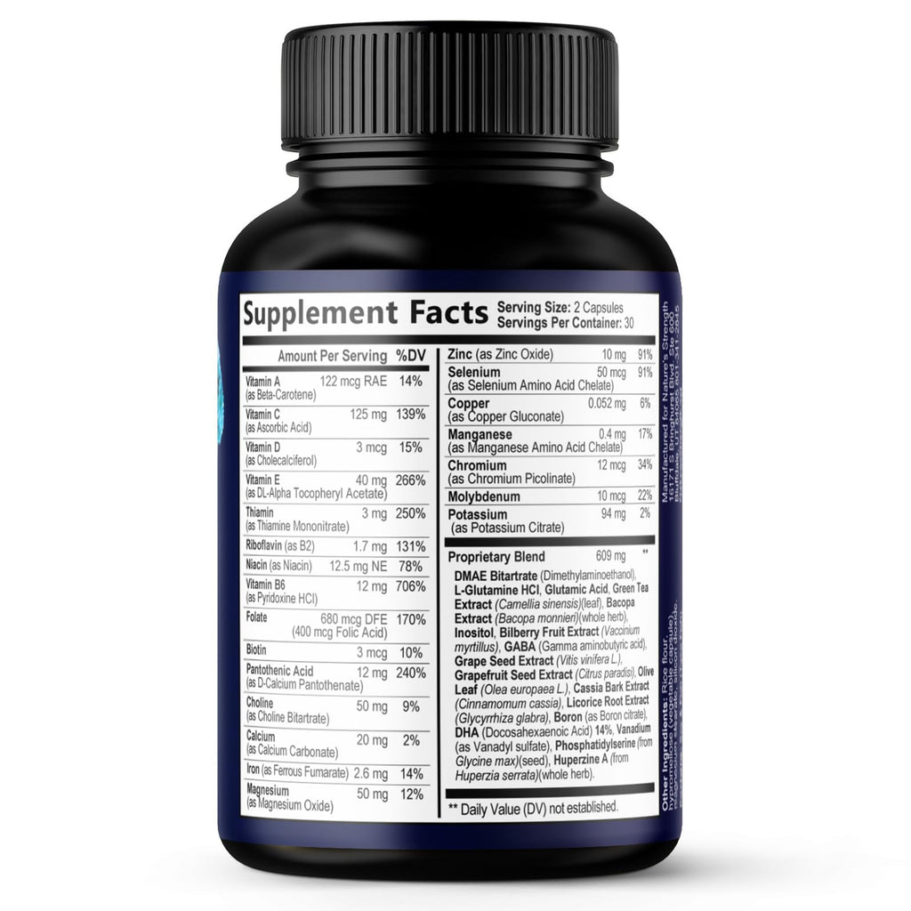 Brain Memory Supplement Pills - 3X Strength Nootropics for Concentration, Clarity & Focus Support - Brain Health Cognitive Vitamins with Bacopa, Phosphatidylserine & DMAE, Brain Booster - 60 Capsules - TrustMedUSA