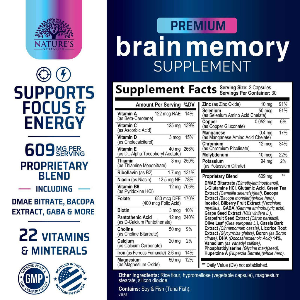 Brain Memory Supplement Pills - 3X Strength Nootropics for Concentration, Clarity & Focus Support - Brain Health Cognitive Vitamins with Bacopa, Phosphatidylserine & DMAE, Brain Booster - 60 Capsules - TrustMedUSA