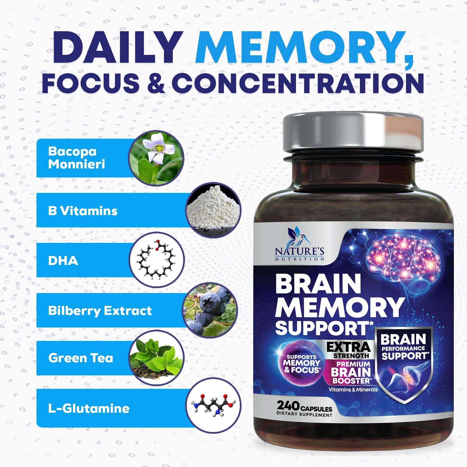 Brain Memory Supplement Pills - 3X Strength Nootropics for Concentration, Clarity & Focus Support - Brain Health Cognitive Vitamins with Bacopa, Phosphatidylserine & DMAE, Brain Booster - 240 Capsules - TrustMedUSA
