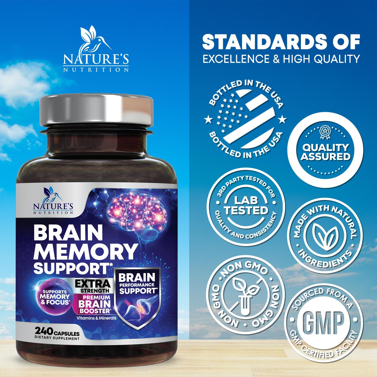 Brain Memory Supplement Pills - 3X Strength Nootropics for Concentration, Clarity & Focus Support - Brain Health Cognitive Vitamins with Bacopa, Phosphatidylserine & DMAE, Brain Booster - 240 Capsules - TrustMedUSA