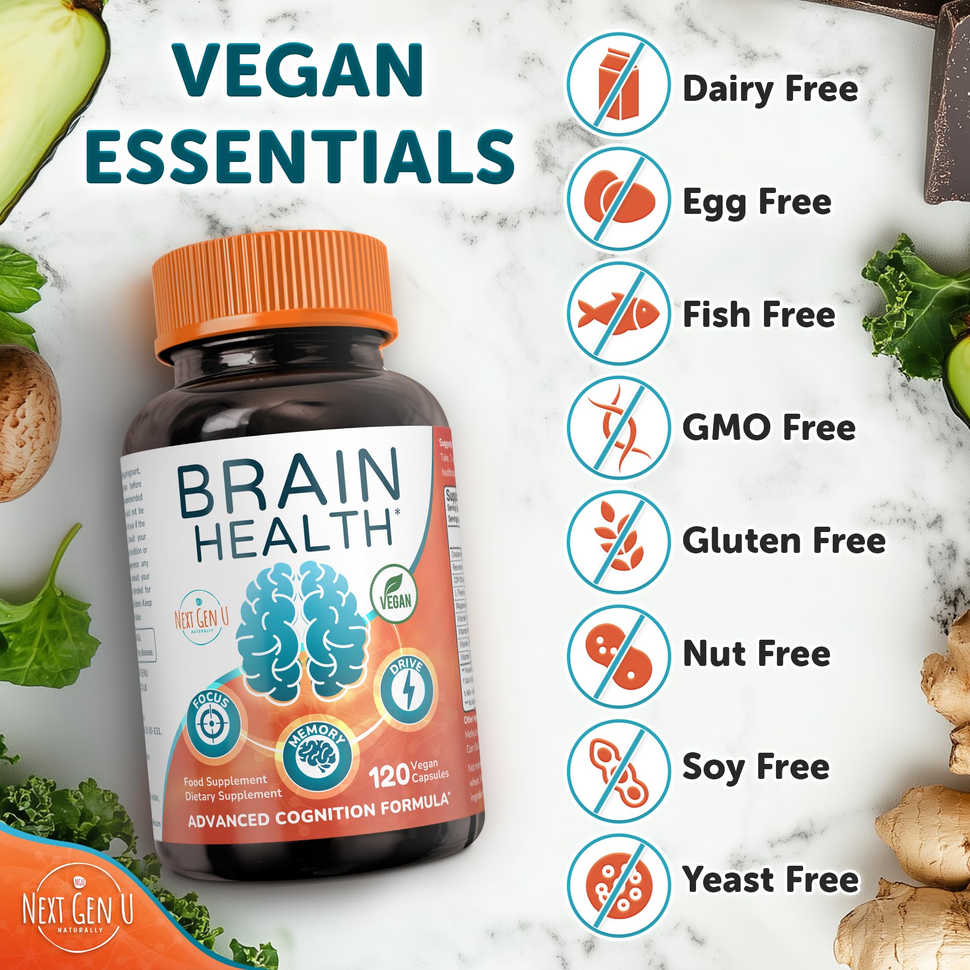 Brain Supplement - 120 Vegan Capsules - Dietary Nootropic May Help Memory, Cognitive Function & Focus - Formulation with Amino Acids, Polyphenols & B Vitamins - for Women, Men & Seniors - by NextGenU - TrustMedUSA