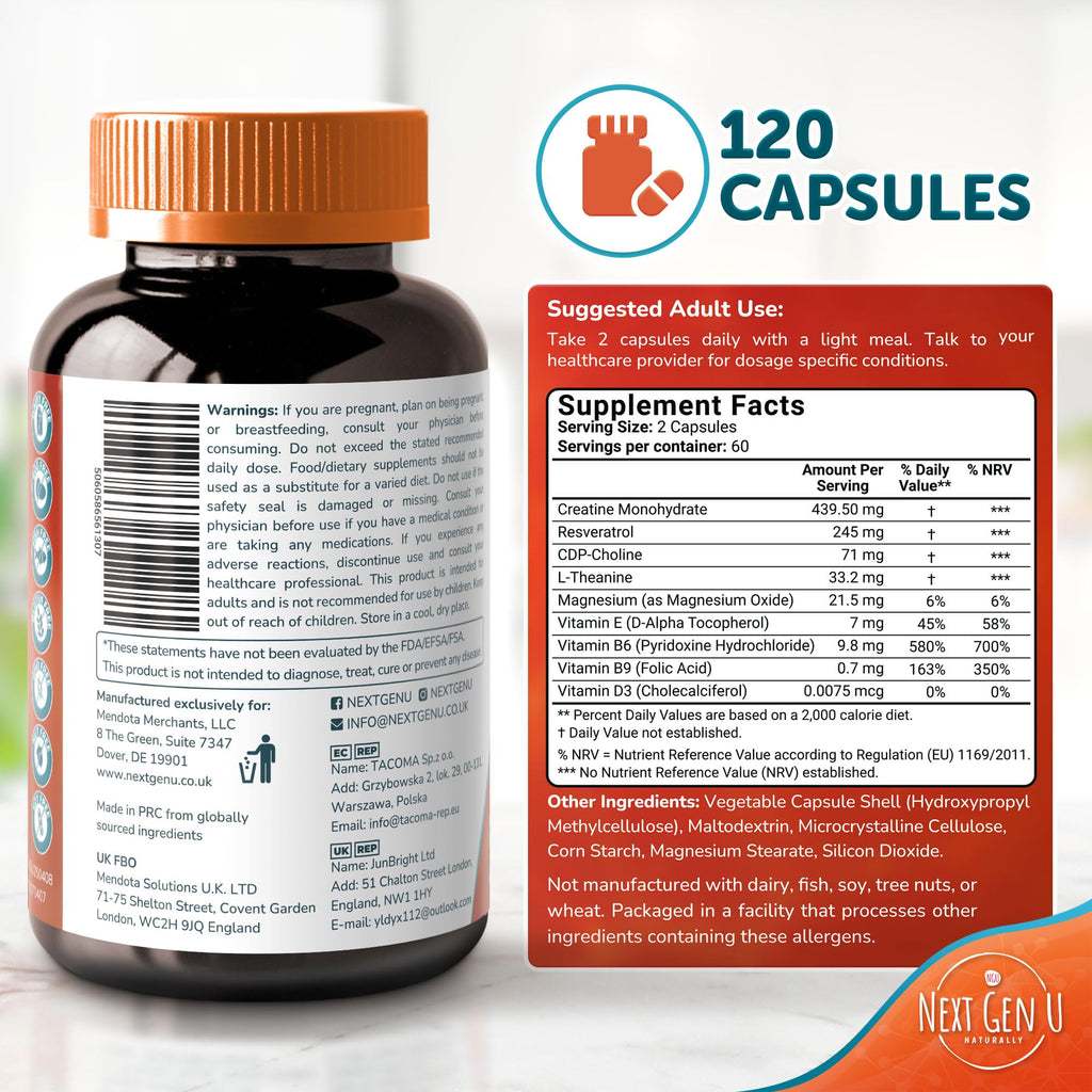 Brain Supplement - 120 Vegan Capsules - Dietary Nootropic May Help Memory, Cognitive Function & Focus - Formulation with Amino Acids, Polyphenols & B Vitamins - for Women, Men & Seniors - by NextGenU - TrustMedUSA