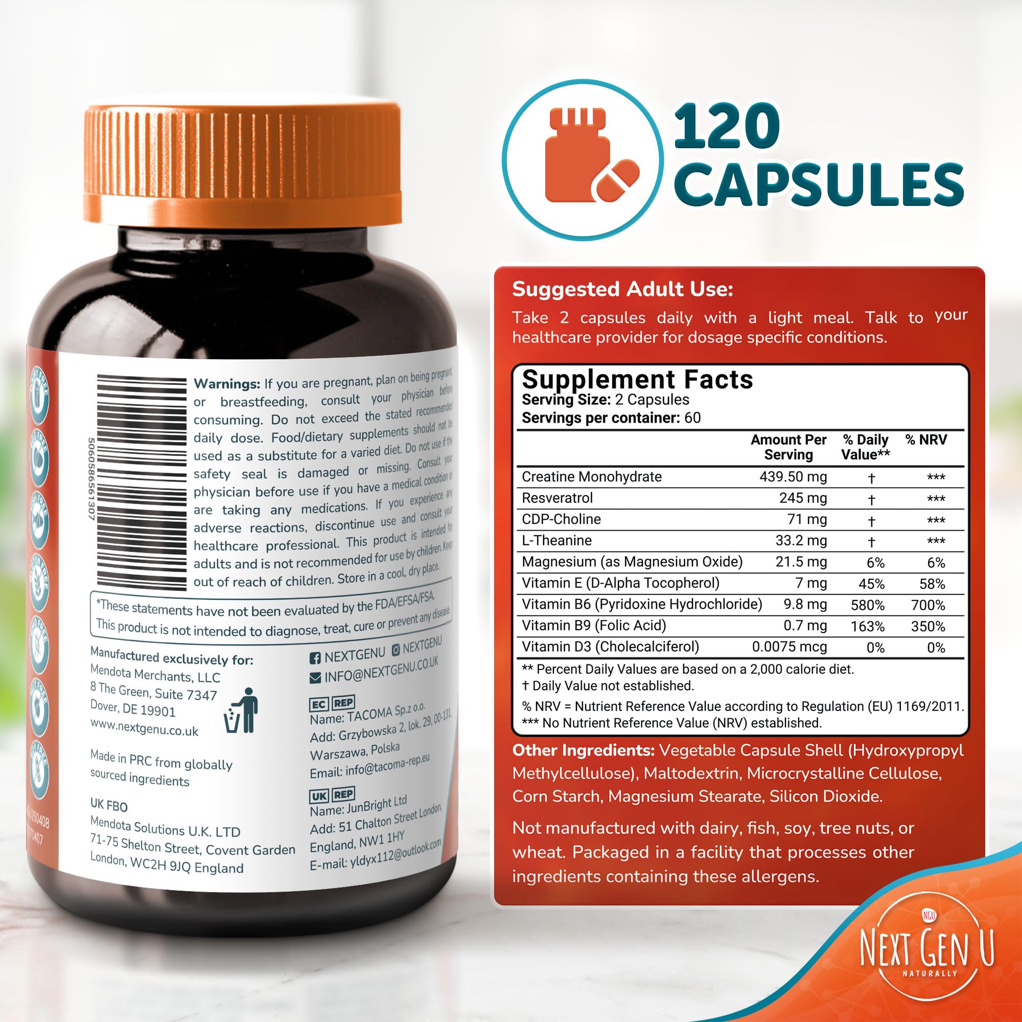 Brain Supplement - 120 Vegan Capsules - Dietary Nootropic May Help Memory, Cognitive Function & Focus - Formulation with Amino Acids, Polyphenols & B Vitamins - for Women, Men & Seniors - by NextGenU - TrustMedUSA