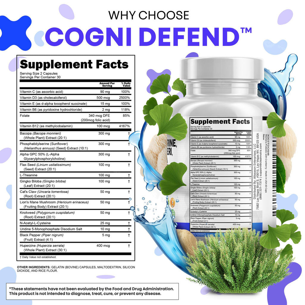 Brain Supplement Alpha GPC 300mg Phosphatidylserine Bacopa Monnieri Ginkgo Biloba Lions Mane Huperzine A L-Theanine NAC Nootropic Memory Focus Cognitive Support Vitamins B C D E 60 Capsules USA - TrustMedUSA