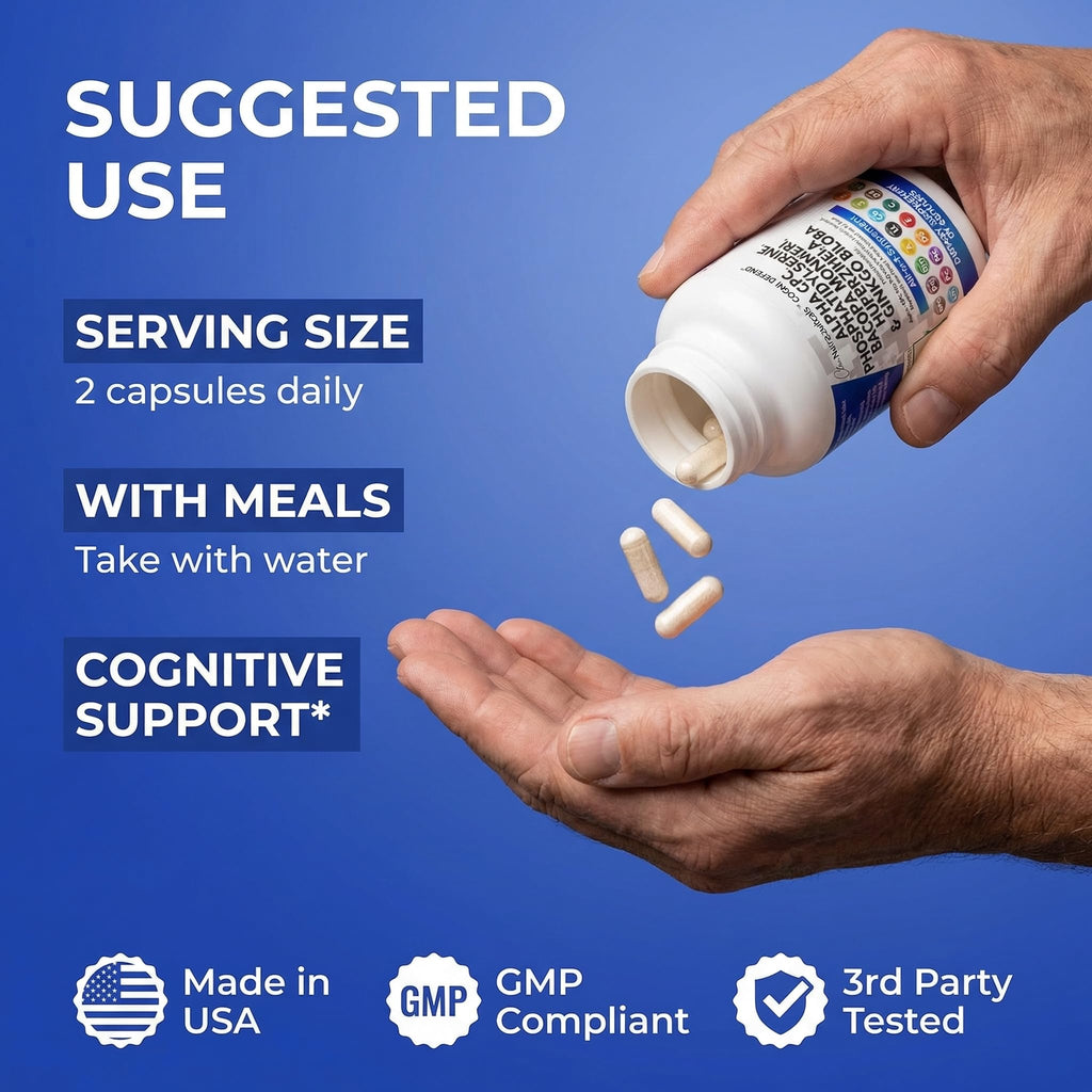 Brain Supplement Alpha GPC 300mg Phosphatidylserine Bacopa Monnieri Ginkgo Biloba Lions Mane Huperzine A L-Theanine NAC Nootropic Memory Focus Cognitive Support Vitamins B C D E 60 Capsules USA - TrustMedUSA