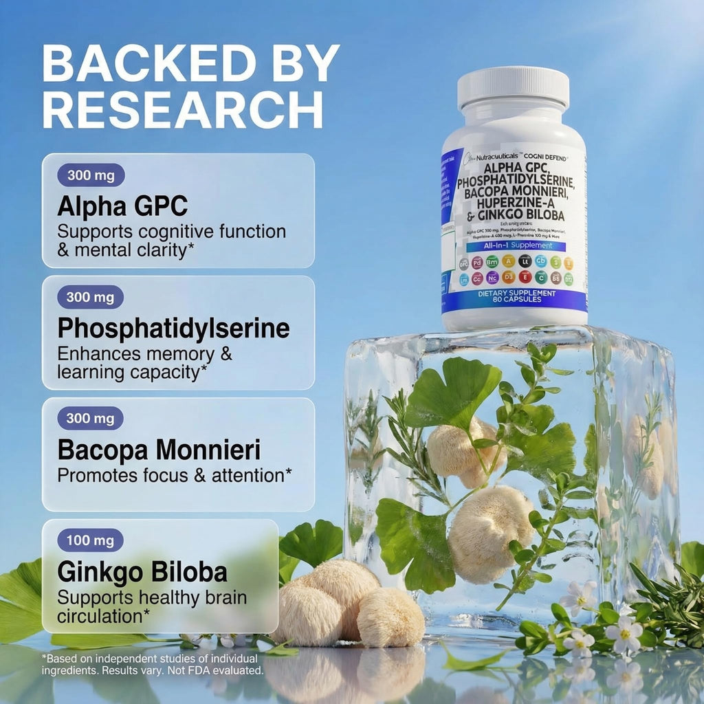 Brain Supplement Alpha GPC 300mg Phosphatidylserine Bacopa Monnieri Ginkgo Biloba Lions Mane Huperzine A L-Theanine NAC Nootropic Memory Focus Cognitive Support Vitamins B C D E 60 Capsules USA - TrustMedUSA