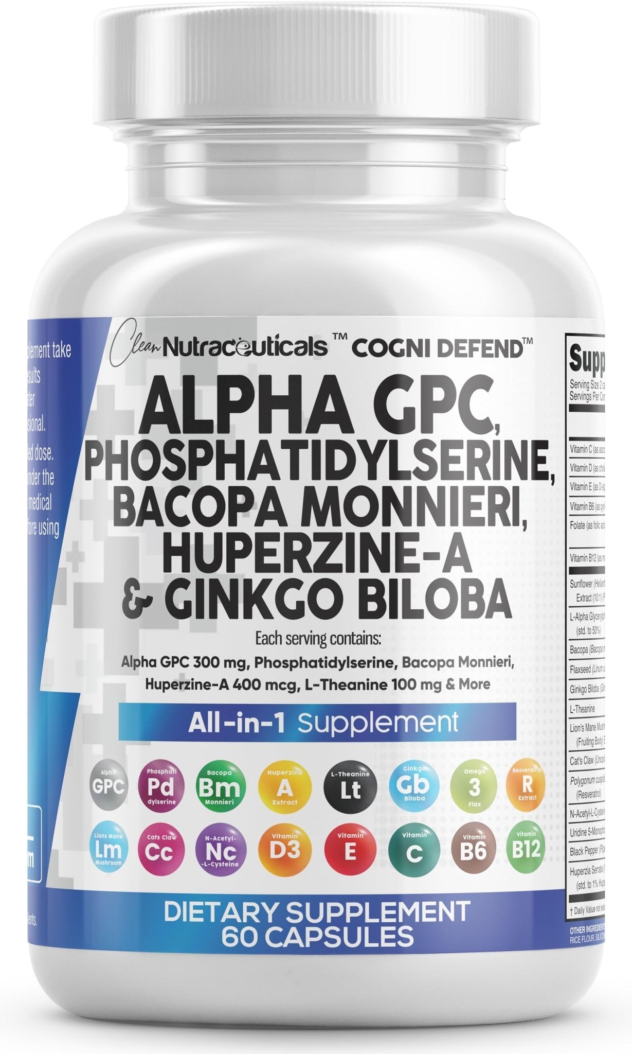 Brain Supplement Alpha GPC 300mg Phosphatidylserine Bacopa Monnieri Ginkgo Biloba Lions Mane Huperzine A L-Theanine NAC Nootropic Memory Focus Cognitive Support Vitamins B C D E 60 Capsules USA - TrustMedUSA