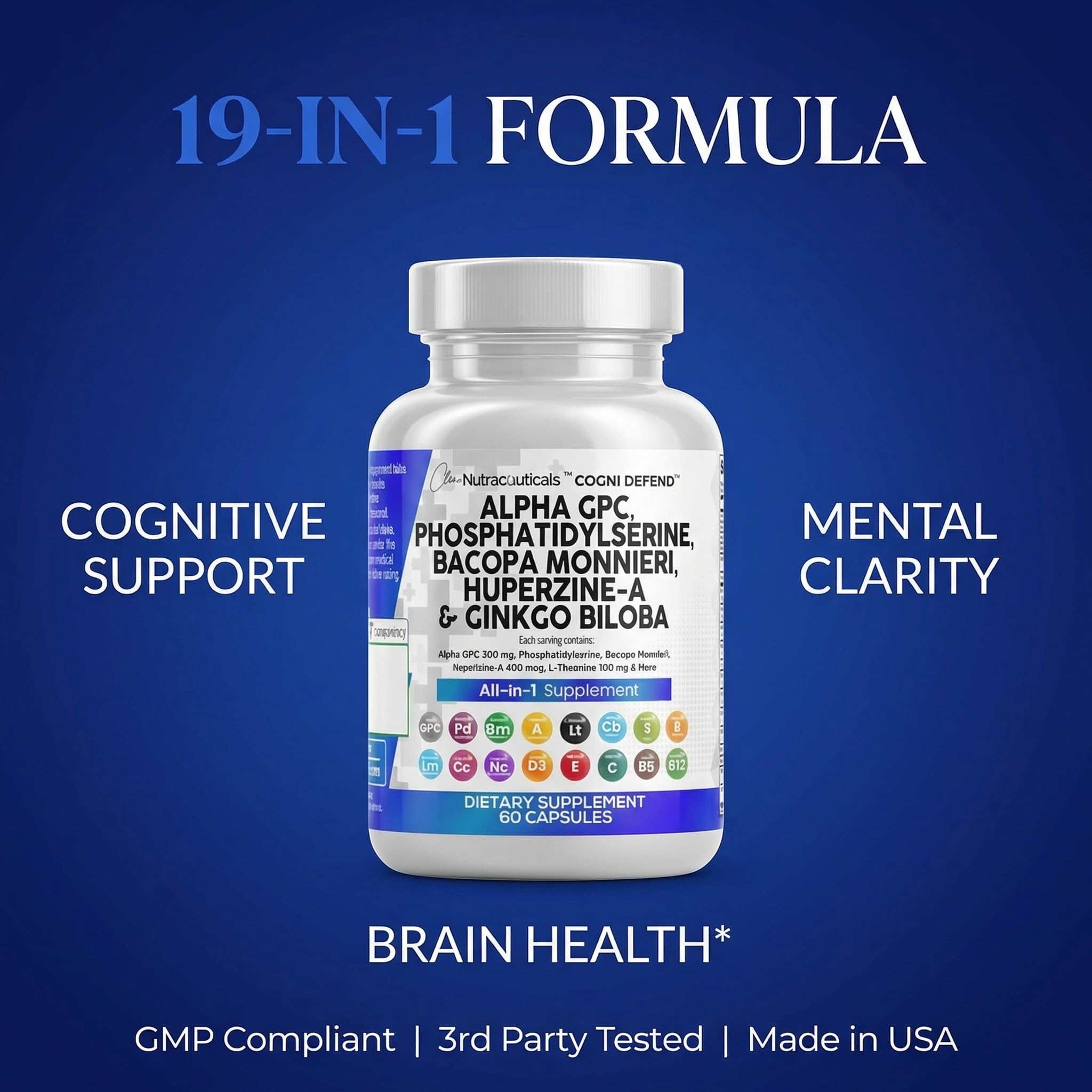 Brain Supplement Alpha GPC 300mg Phosphatidylserine Bacopa Monnieri Ginkgo Biloba Lions Mane Huperzine A L-Theanine NAC Nootropic Memory Focus Cognitive Support Vitamins B C D E 60 Capsules USA - TrustMedUSA
