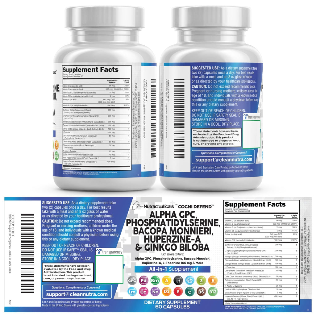 Brain Supplement Alpha GPC 300mg Phosphatidylserine Bacopa Monnieri Ginkgo Biloba Lions Mane Huperzine A L-Theanine NAC Nootropic Memory Focus Cognitive Support Vitamins B C D E 60 Capsules USA - TrustMedUSA