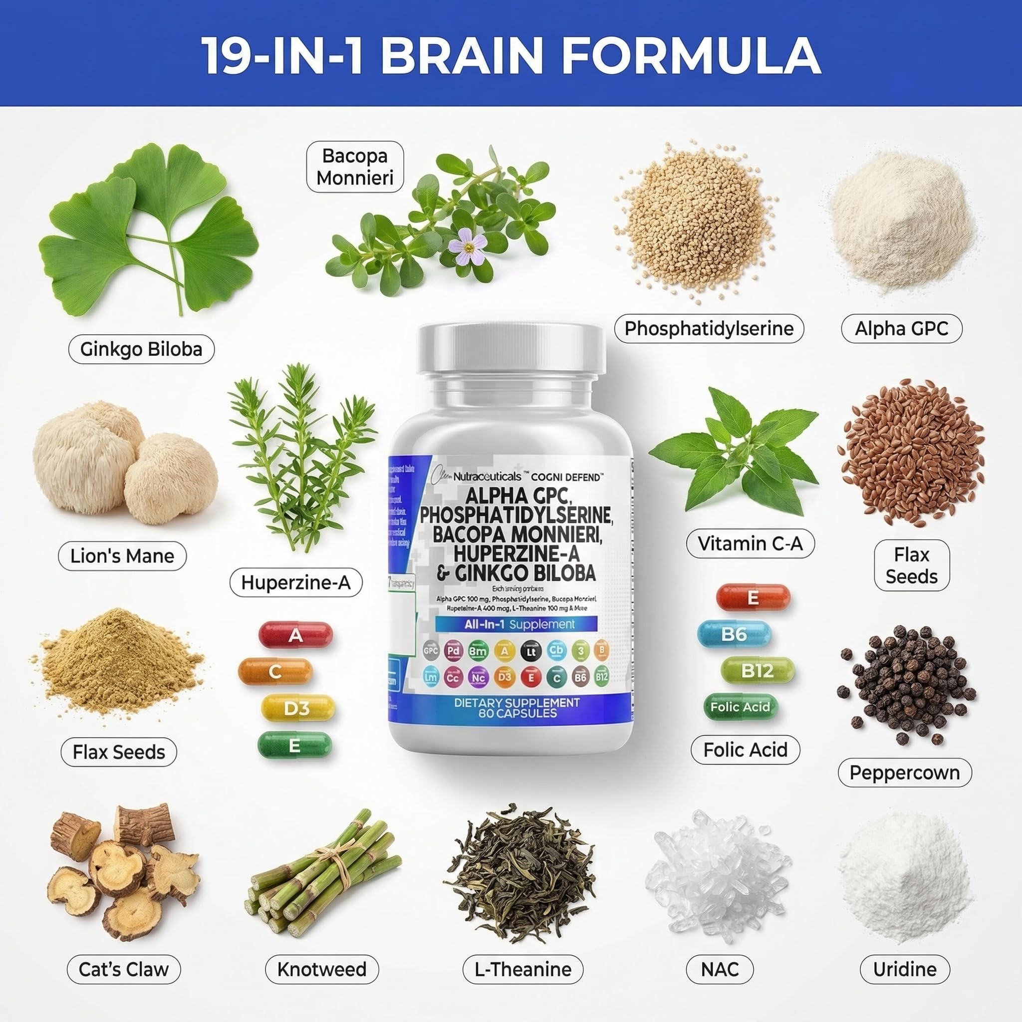 Brain Supplement Alpha GPC 300mg Phosphatidylserine Bacopa Monnieri Ginkgo Biloba Lions Mane Huperzine A L-Theanine NAC Nootropic Memory Focus Cognitive Support Vitamins B C D E 60 Capsules USA - TrustMedUSA